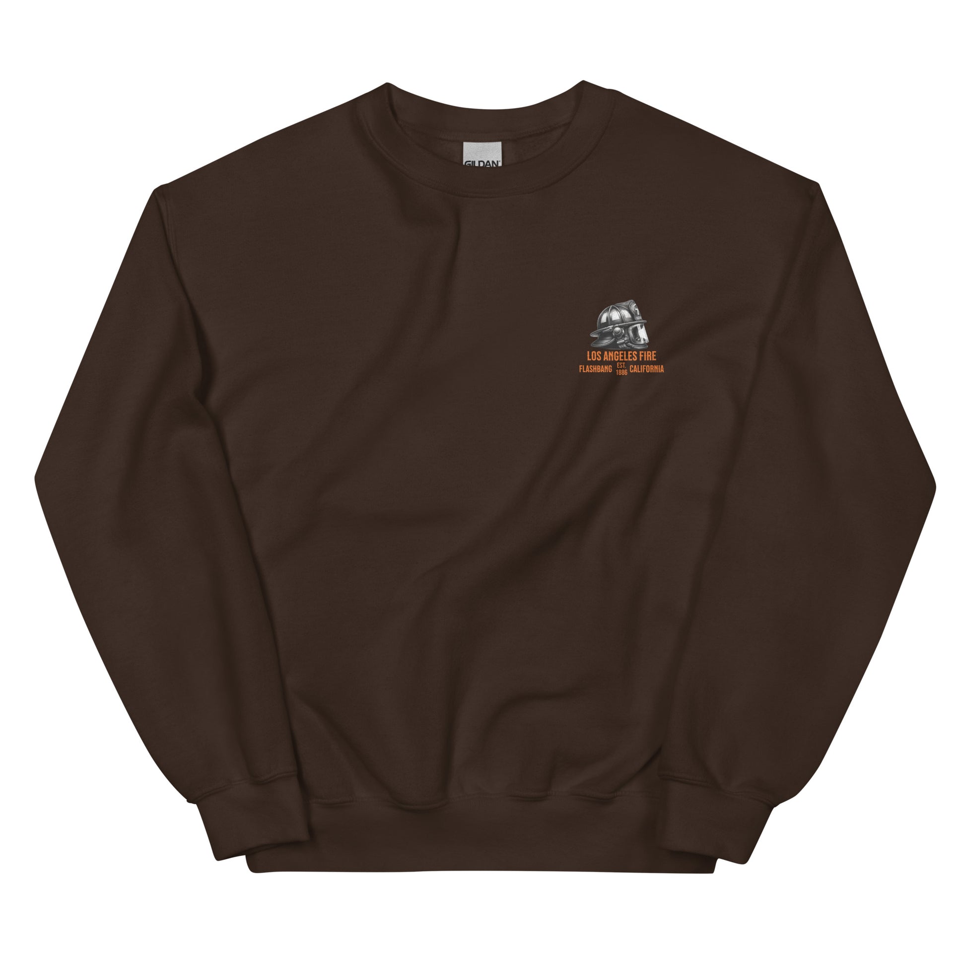 Brown sweatshirt with a logo on the chest against a white background