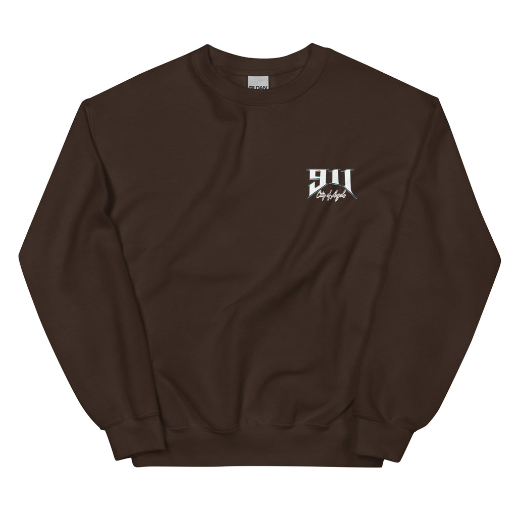 Brown sweatshirt with a logo on the chest against a white background