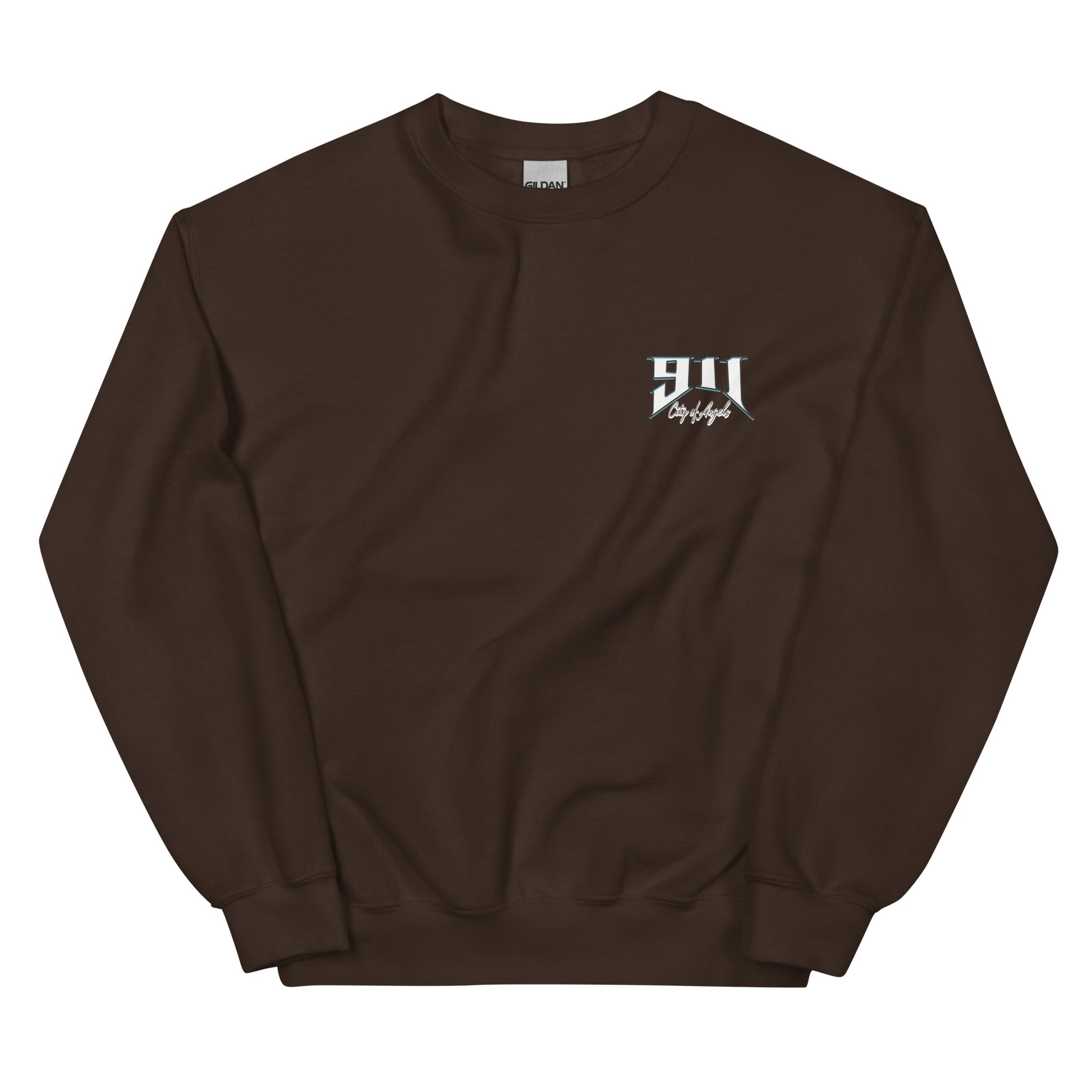 Brown sweatshirt with a logo on the chest against a white background