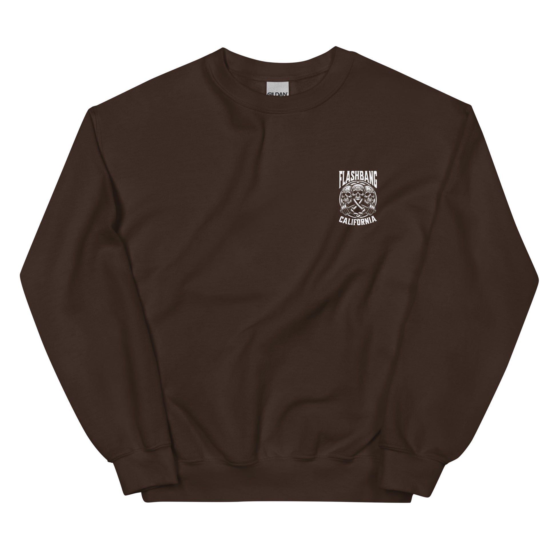 Brown sweatshirt with a logo on the chest against a white background