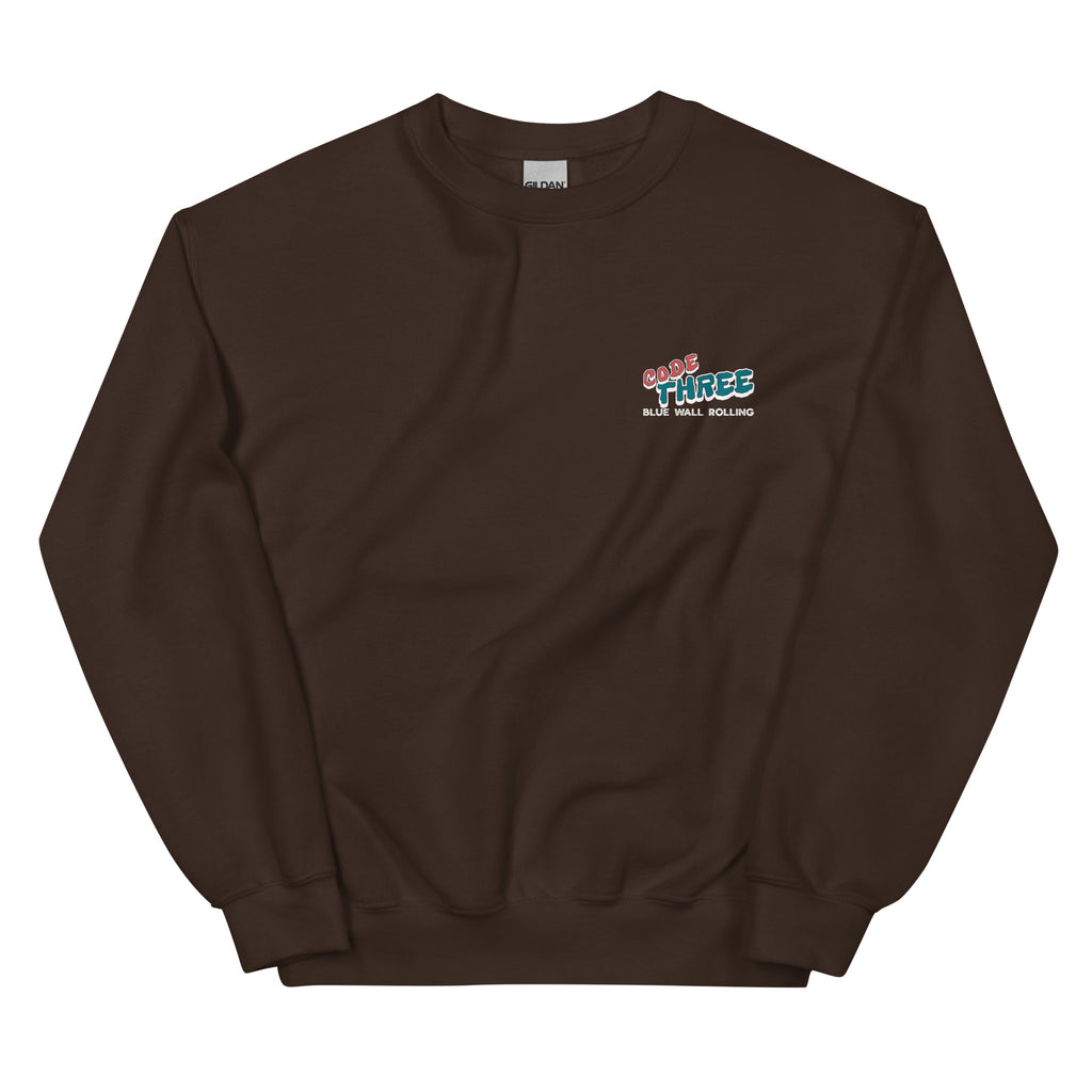 Brown sweatshirt with a logo on the chest against a white background