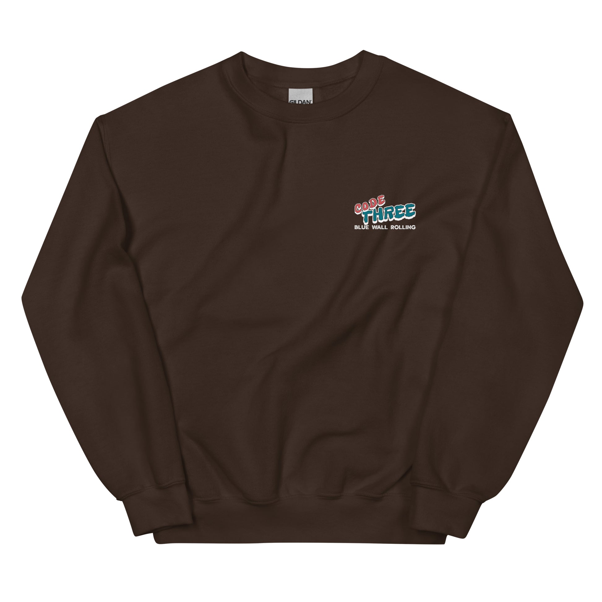 Brown sweatshirt with a logo on the chest against a white background