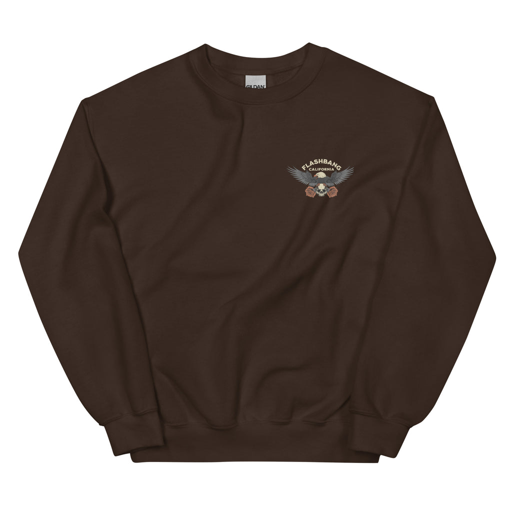 Brown sweatshirt with a logo on the chest against a white background