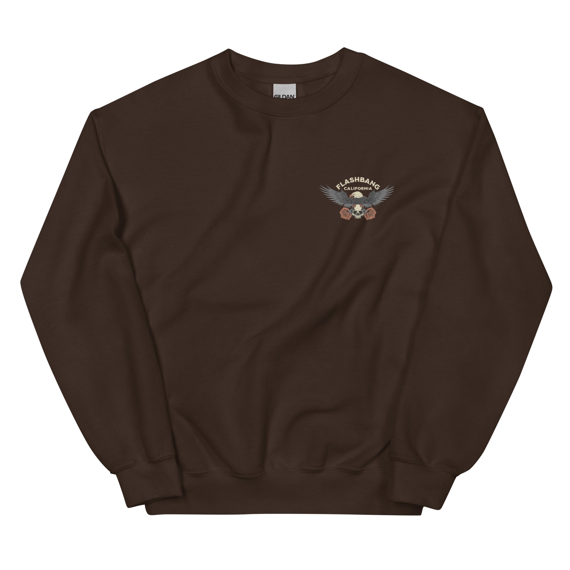 Brown sweatshirt with a logo on the chest against a white background
