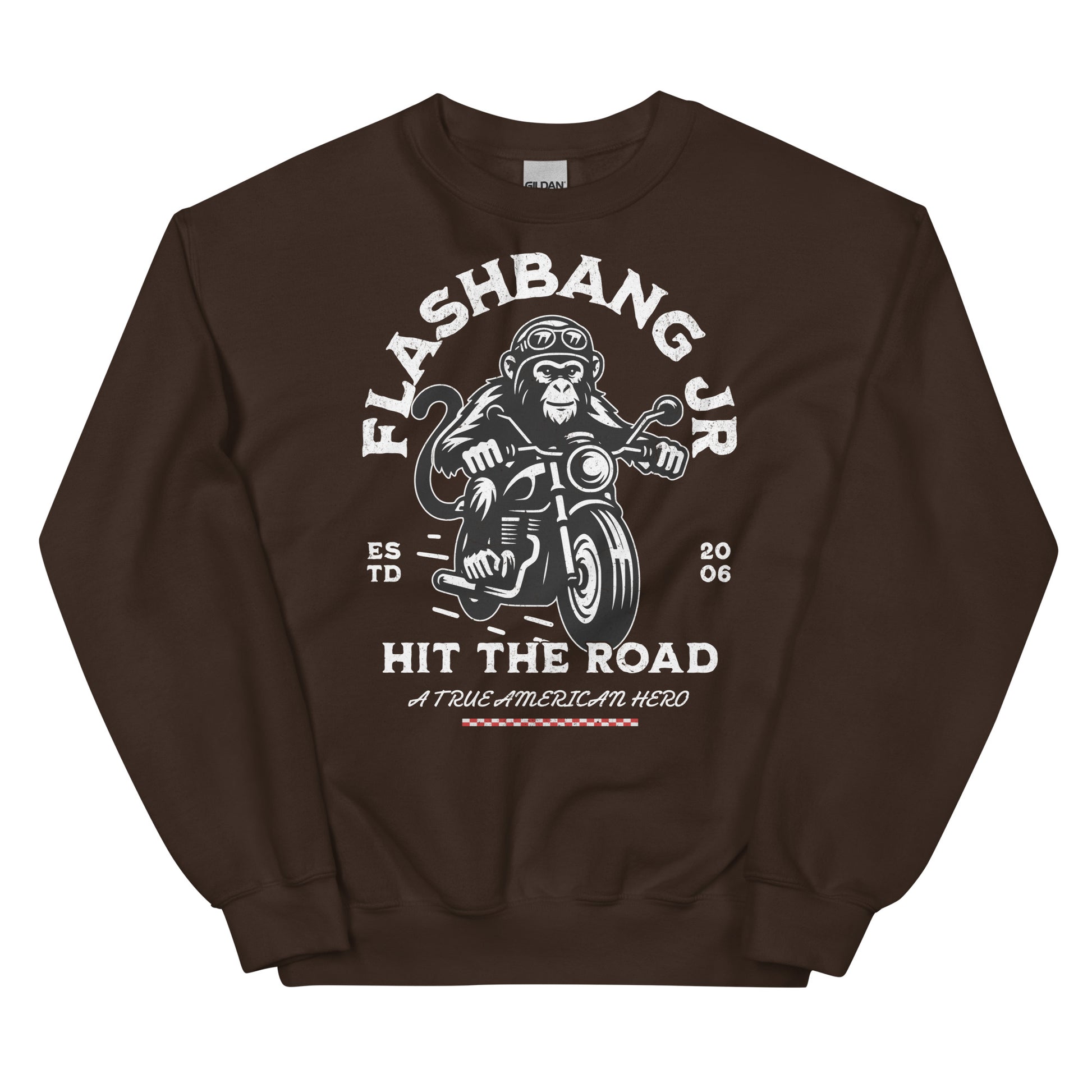 Brown sweatshirt with a graphic design of a monkey on a motorcycle and text on a white background
