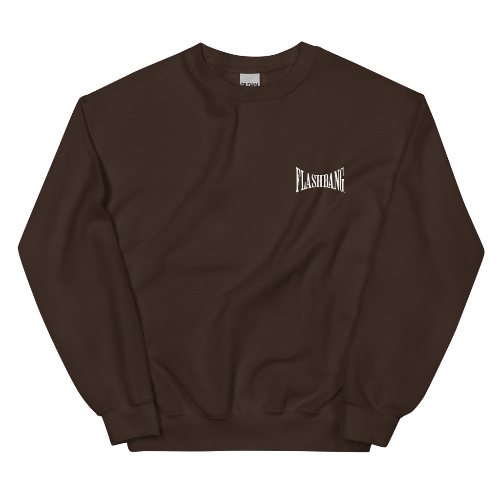 Brown sweatshirt with 'FLASHBANG' logo on a white background