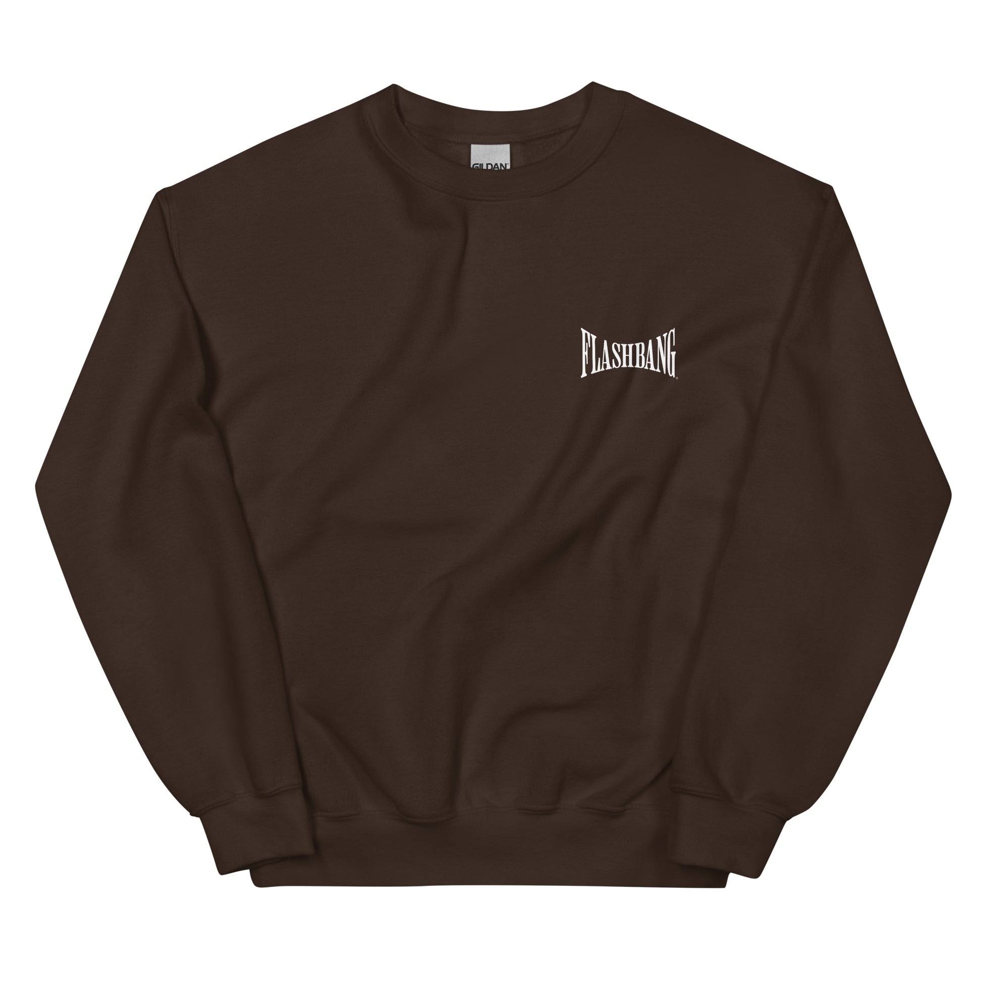 Brown sweatshirt with 'FLASHBANG' logo on a white background