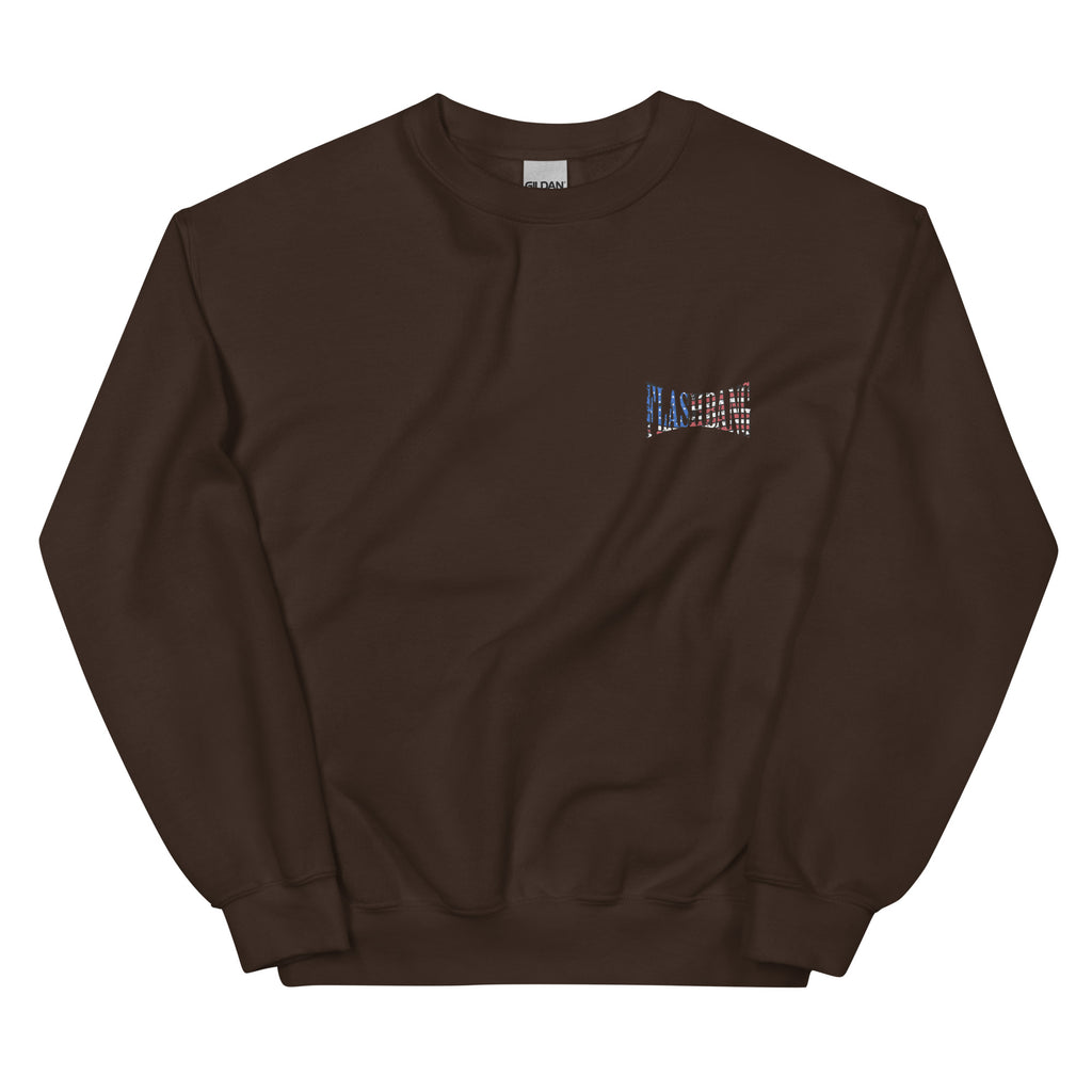 Brown sweatshirt with a small logo on the chest against a white background