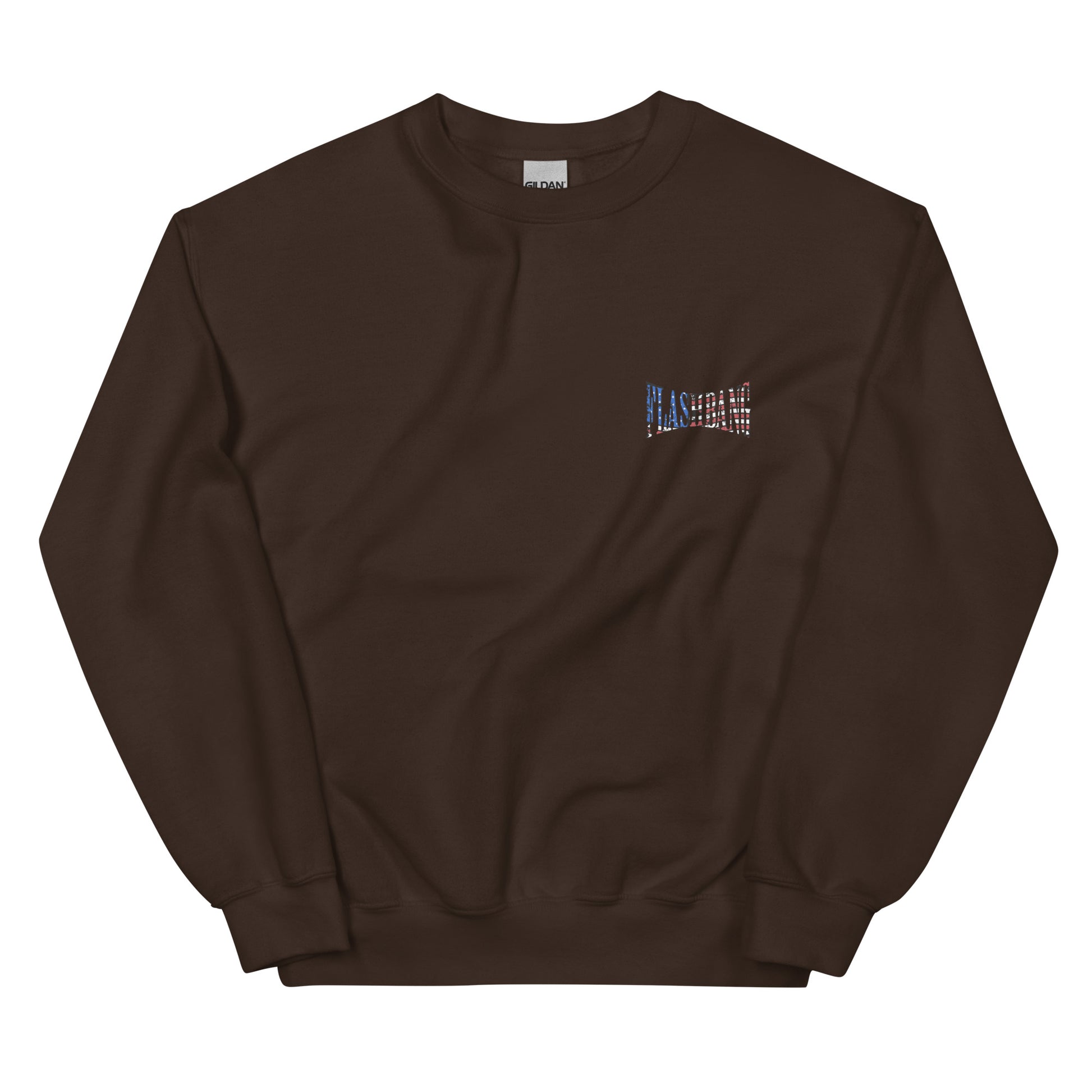 Brown sweatshirt with a small logo on the chest against a white background