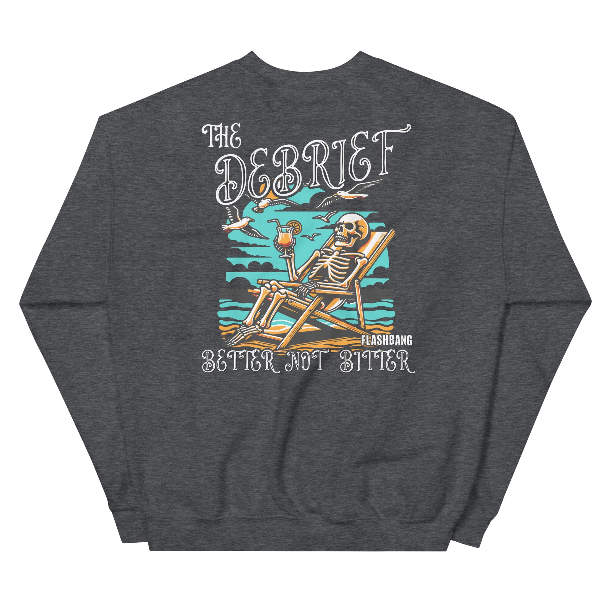 Gray sweatshirt with a skeleton design and text on the back, on a white background