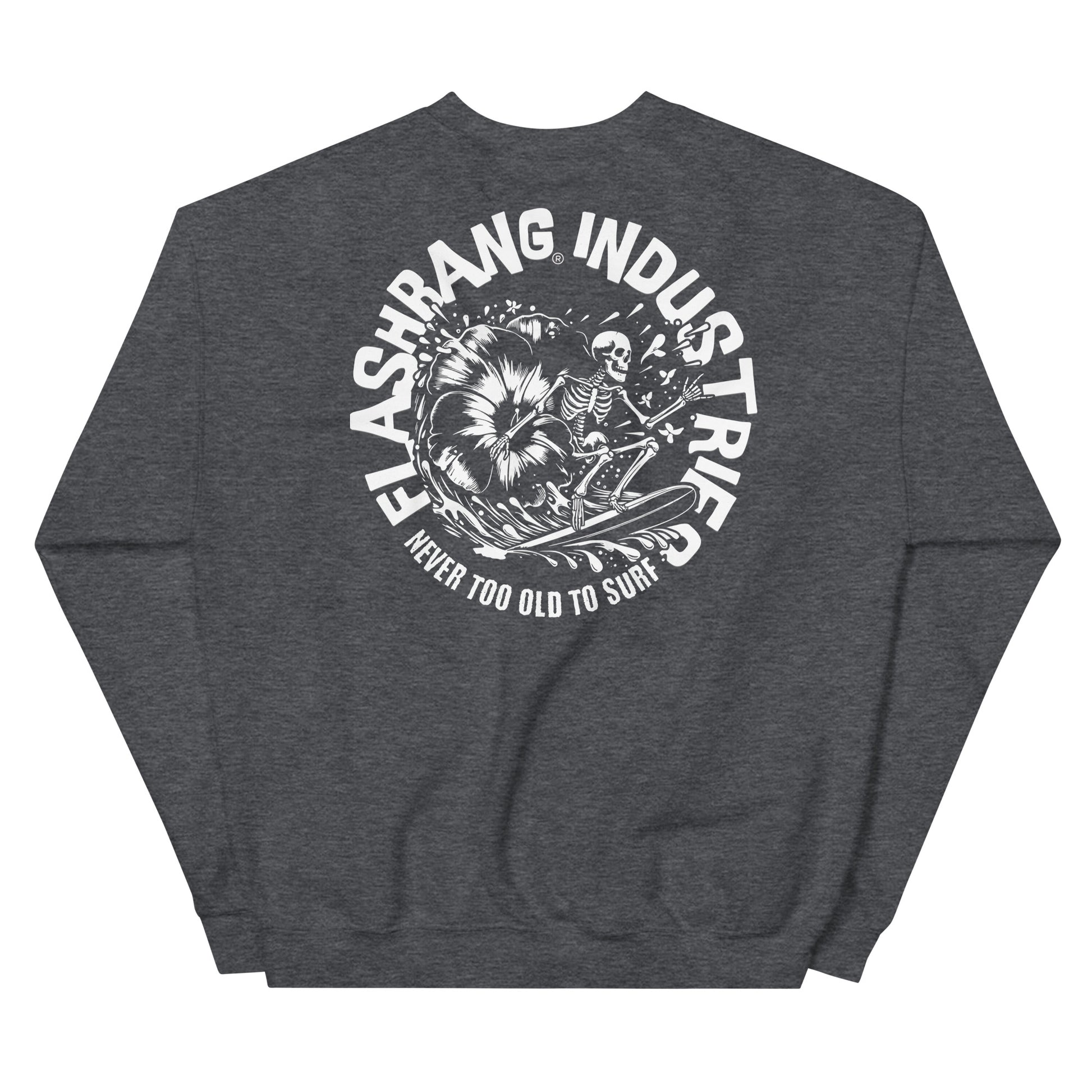 Dark gray sweatshirt with a graphic design and text on the back, on a white background