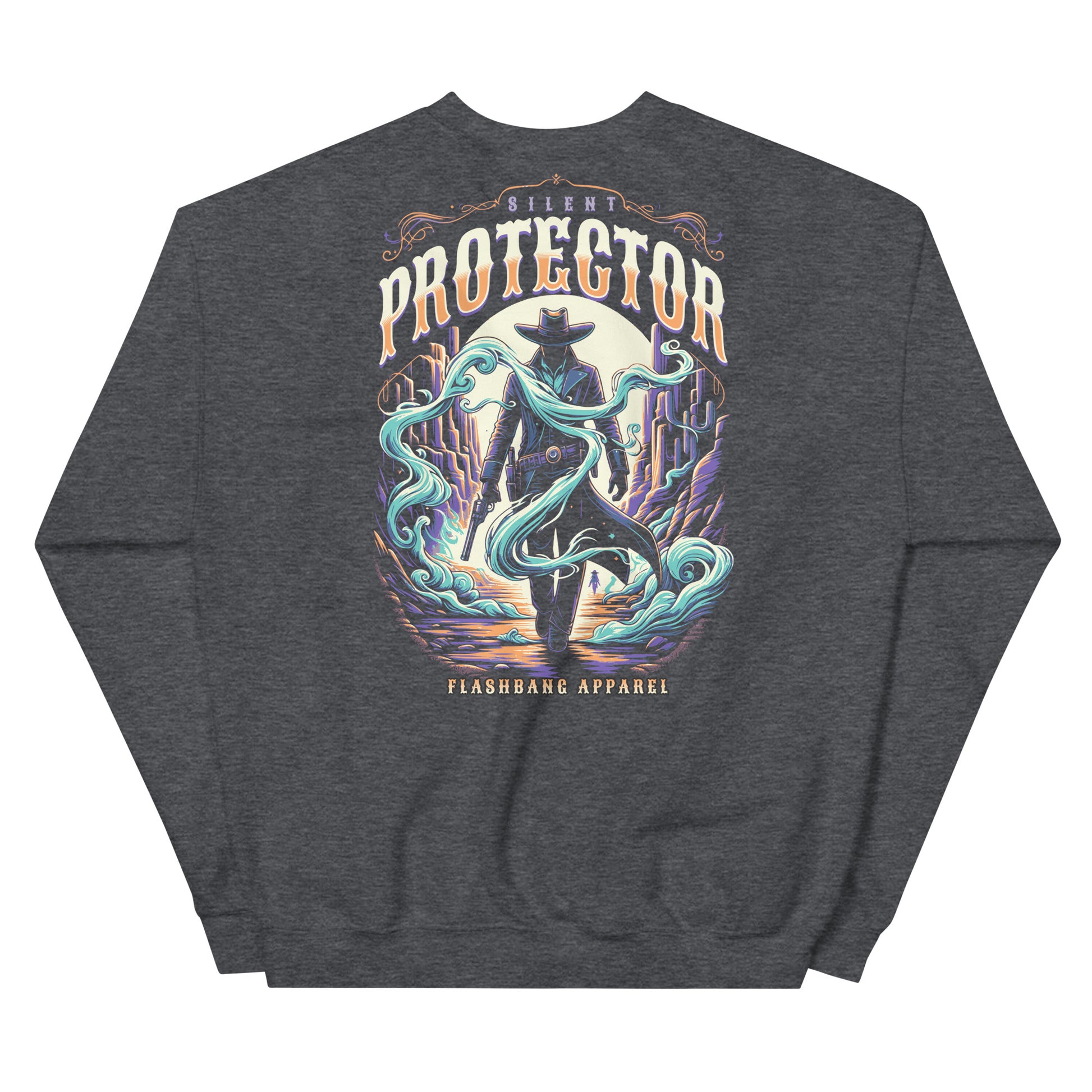 Dark gray sweatshirt with a colorful graphic design on the back featuring the text 'Silent Protector' and 'Flashbang Apparel'.