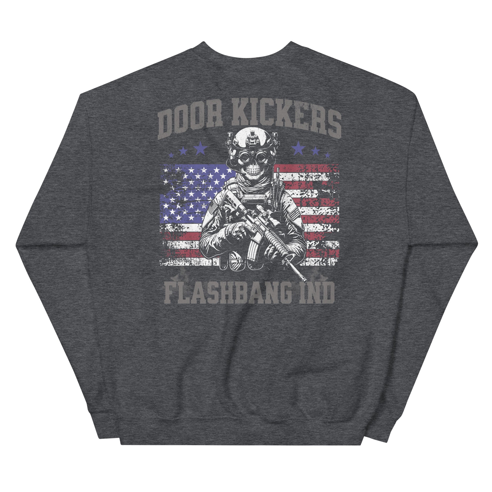 Dark gray sweatshirt with graphic design and text on a white background