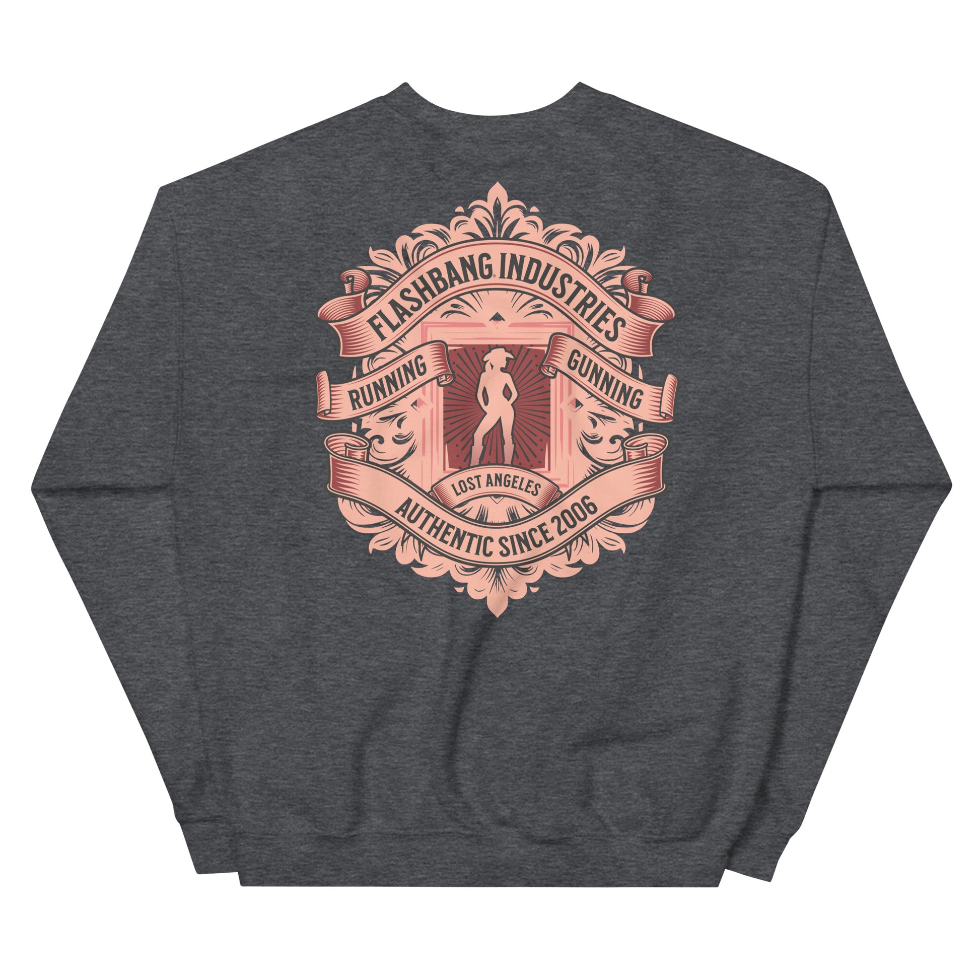Dark gray sweatshirt with a pink graphic design on the back against a white background