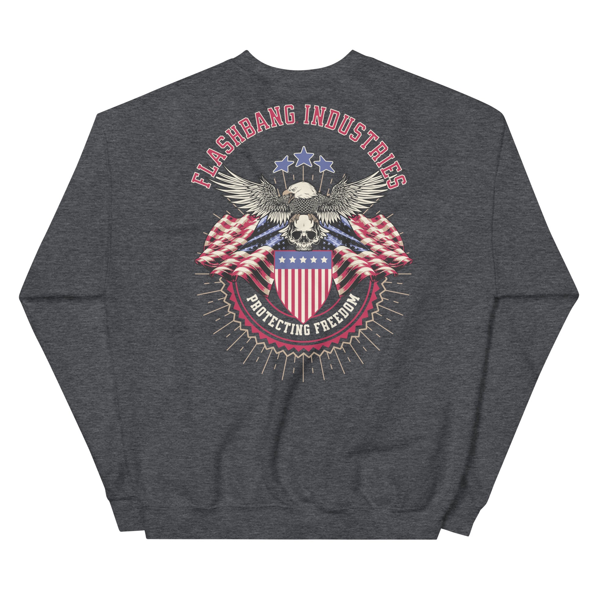 Dark gray sweatshirt with 'Flashbang Industries' graphic on the back