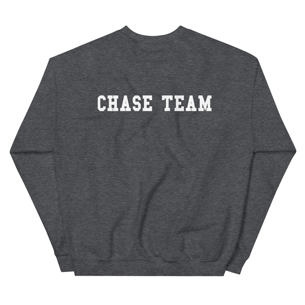 Gray sweatshirt with 'CHASE TEAM' text on the back against a white background
