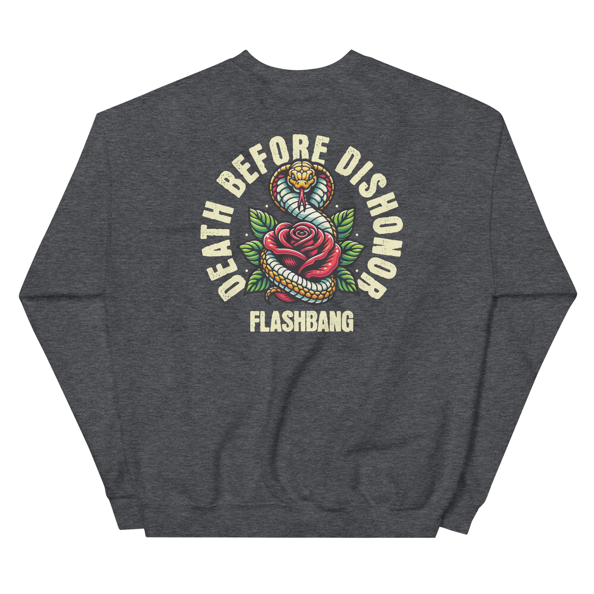 Gray sweatshirt with 'Death Before Dishonor' graphic and 'Flashbang' text on a white background