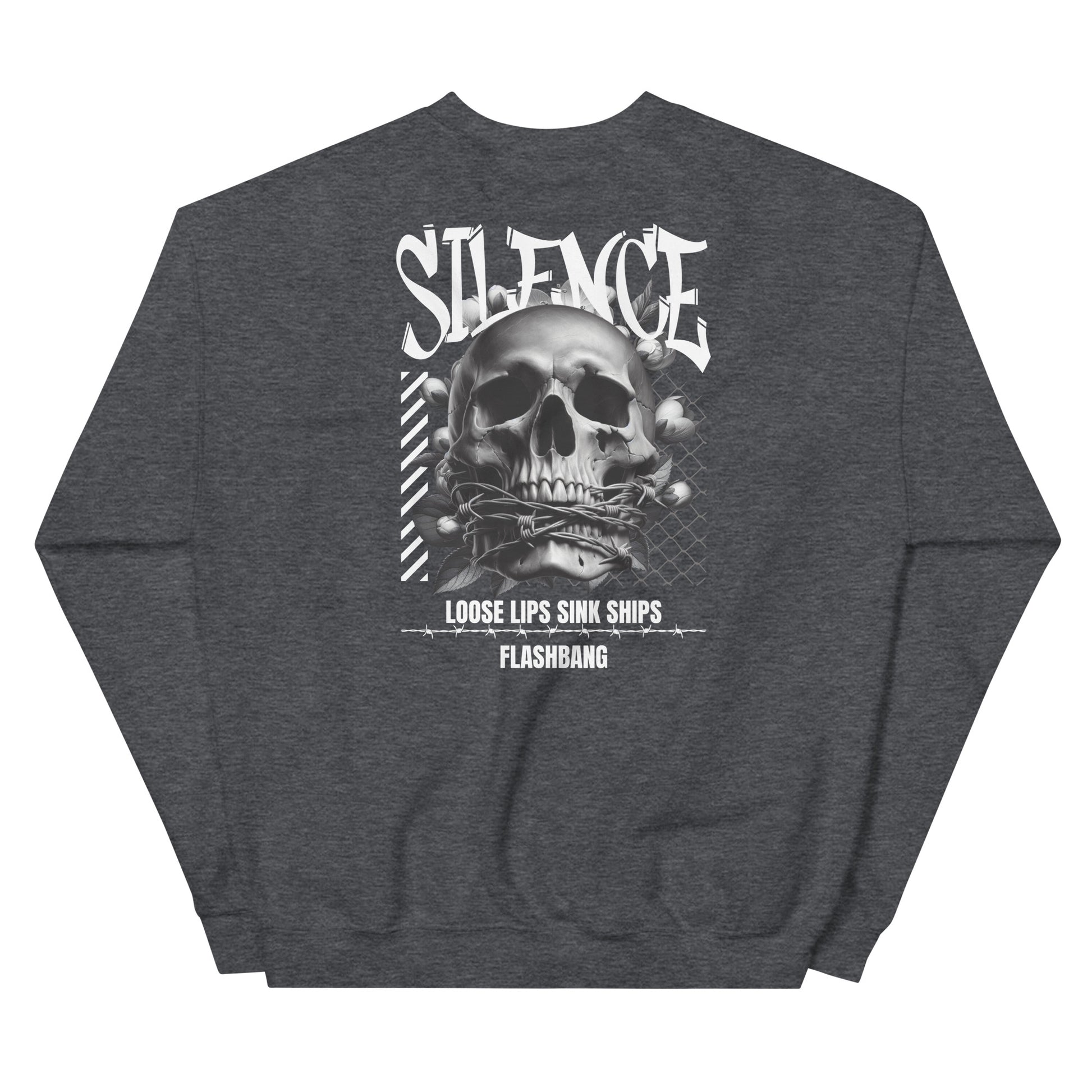 Gray sweatshirt with a skull graphic and text on the back, on a white background
