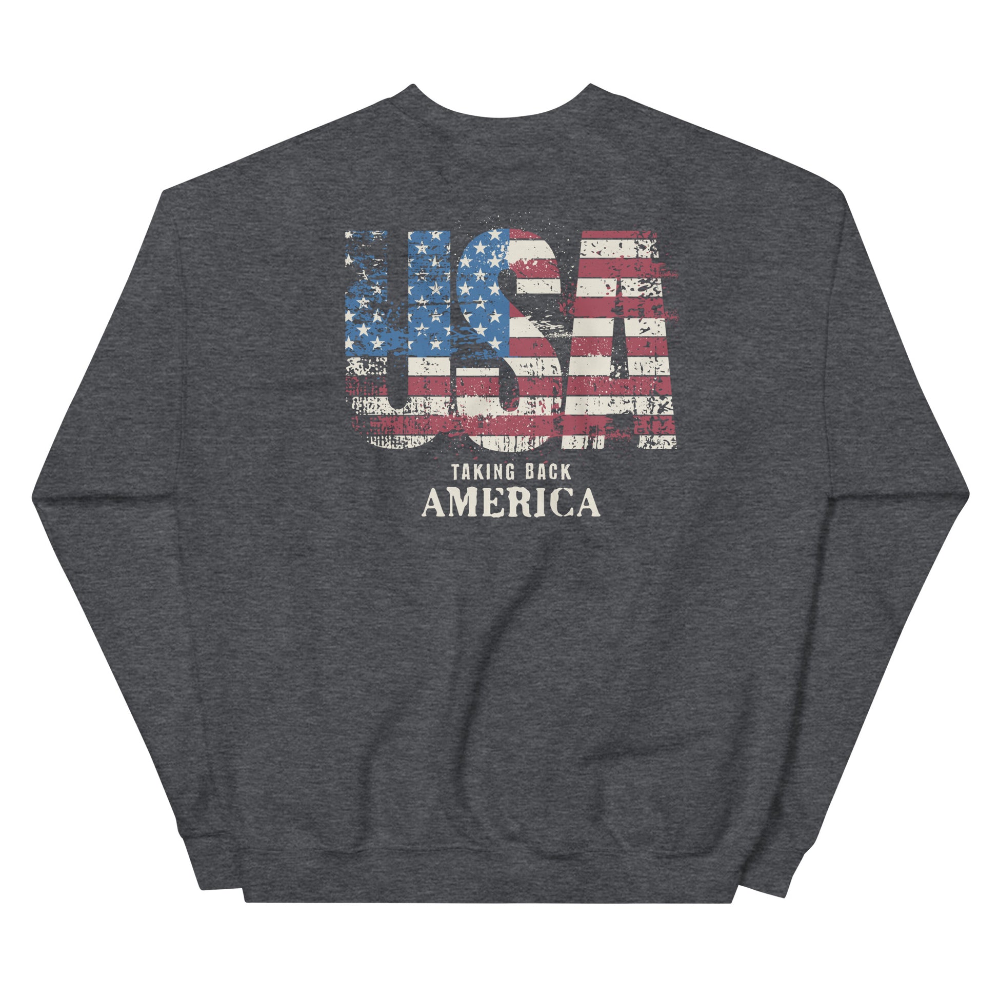 Dark gray sweatshirt with USA flag design and text on a white background
