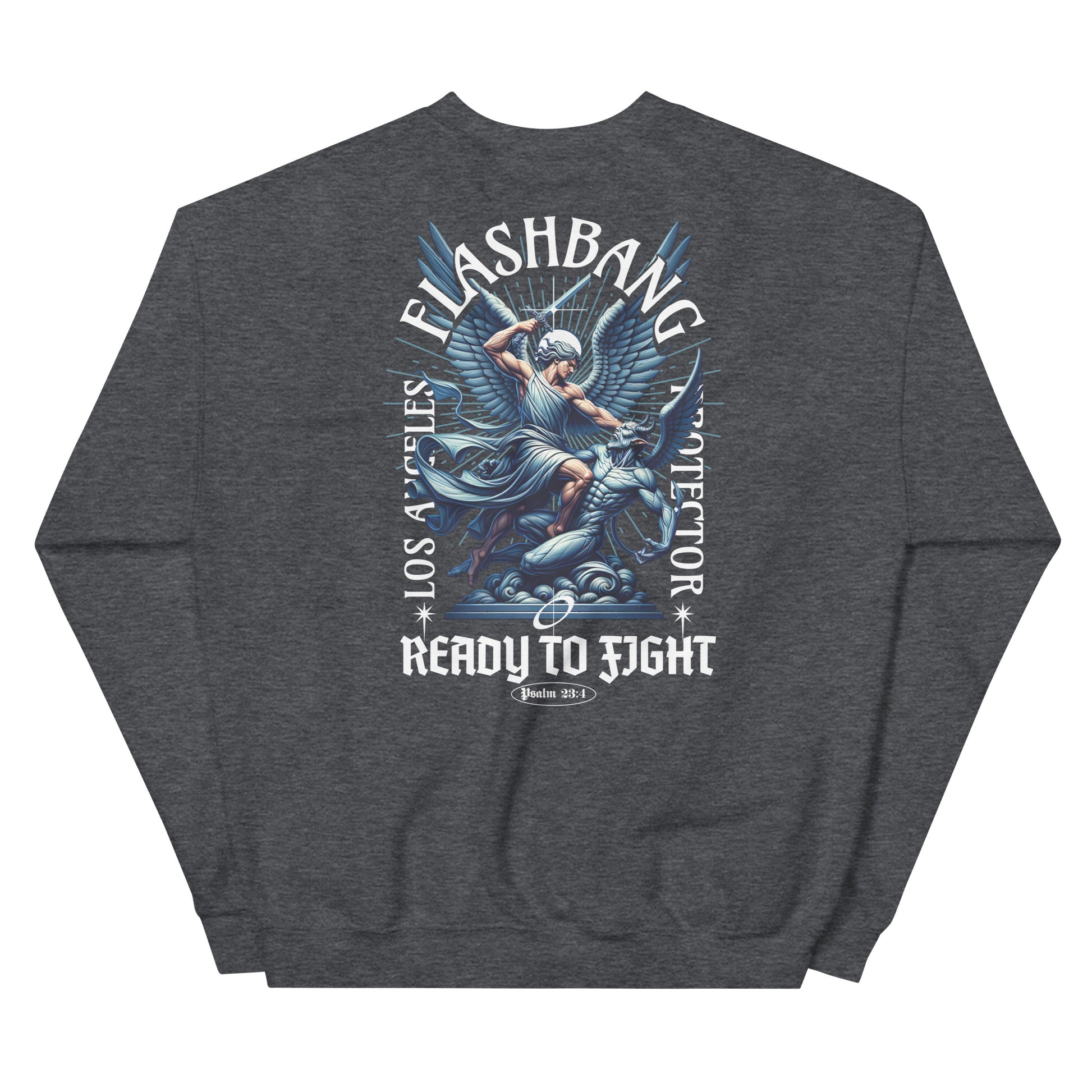 Gray sweatshirt with graphic design and text on a white background
