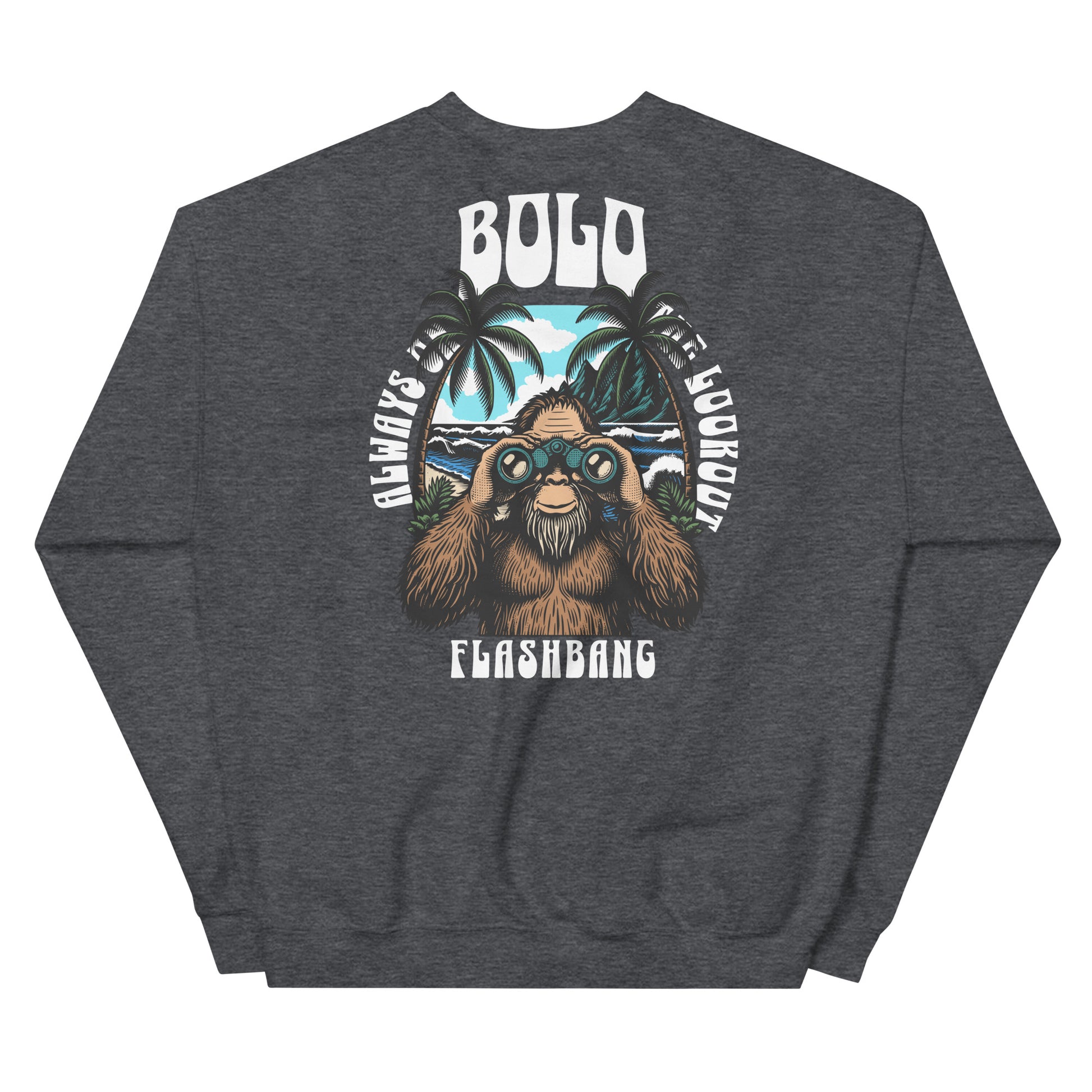 Gray sweatshirt with a graphic design of a bear and text on the back, on a white background.