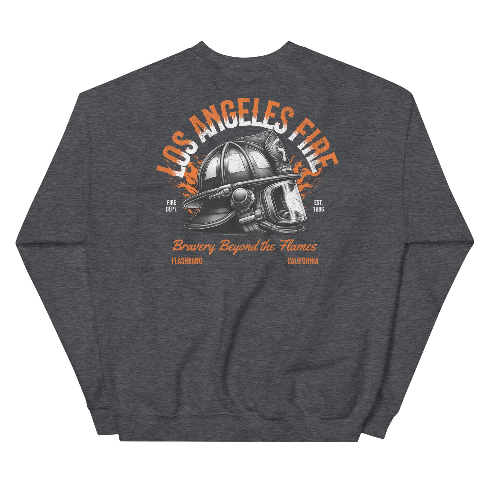 Dark gray sweatshirt with a fire helmet graphic and text on the back, on a white background.