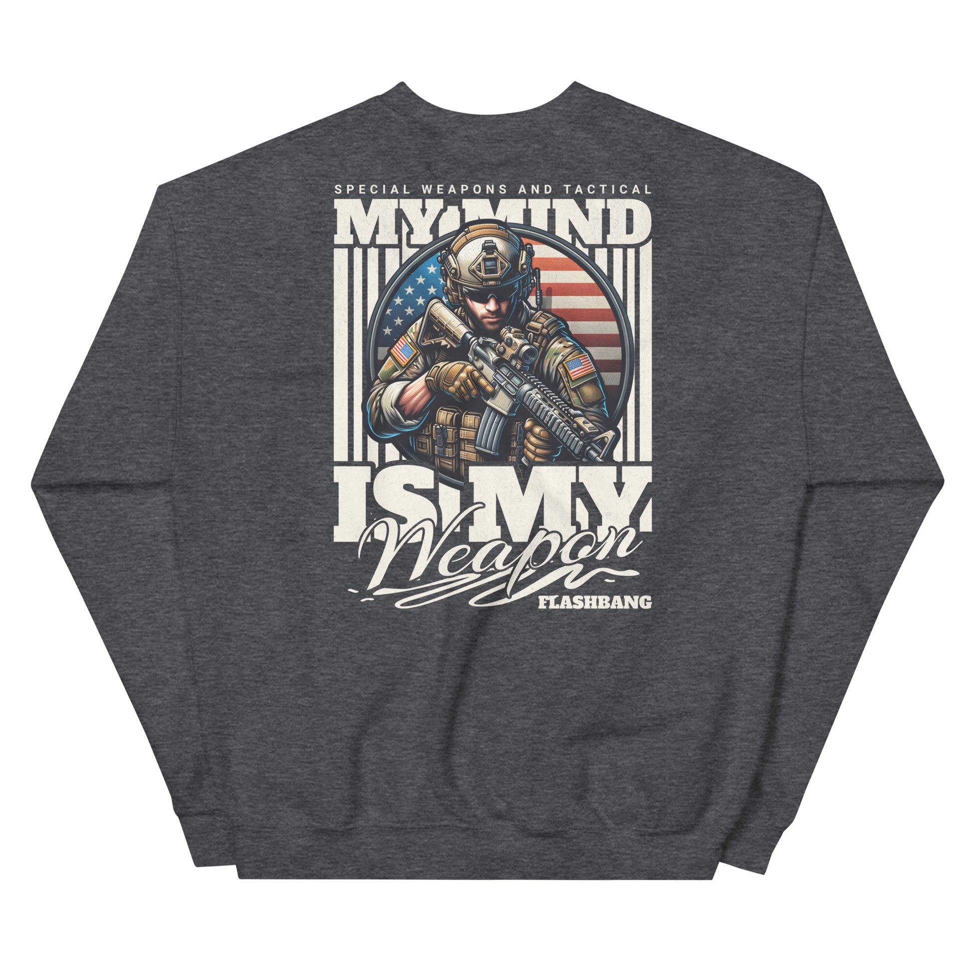 Gray sweatshirt with graphic design of a soldier and text on the back