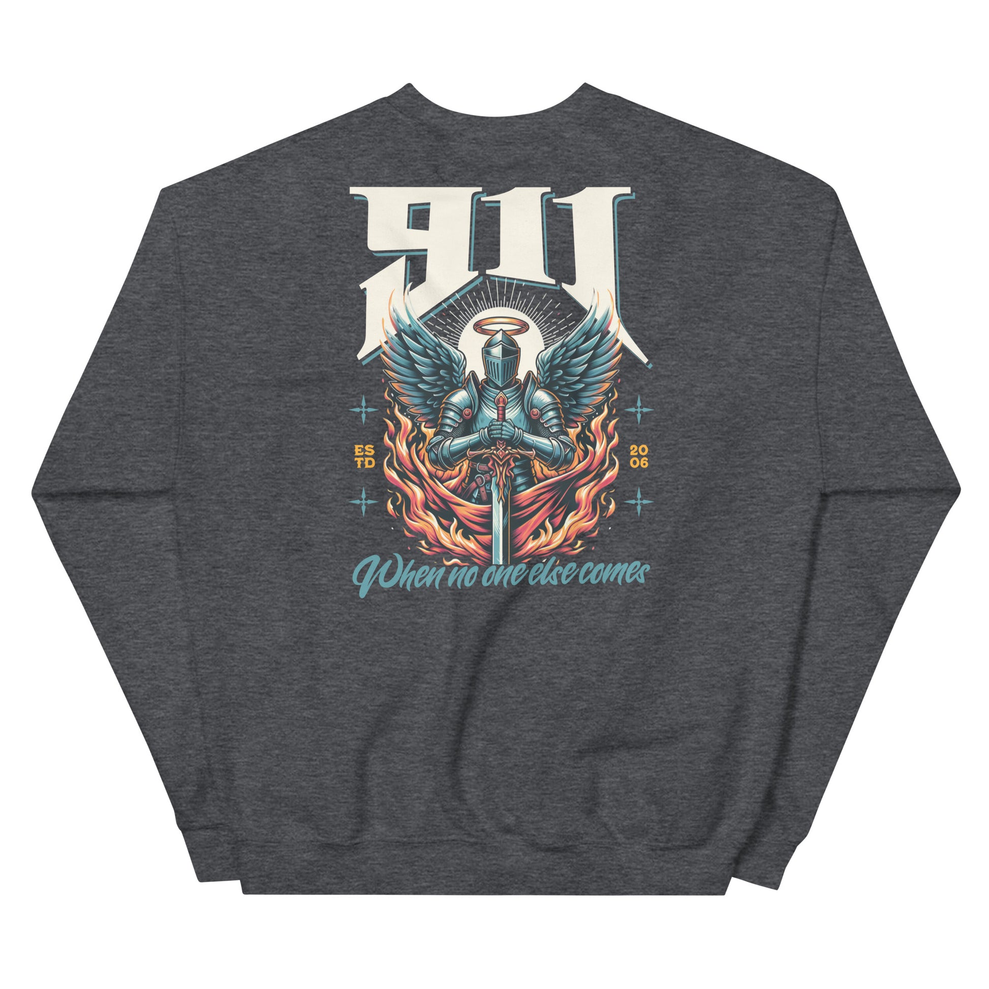 Dark gray sweatshirt with a colorful graphic design on the back featuring a knight with wings and text.