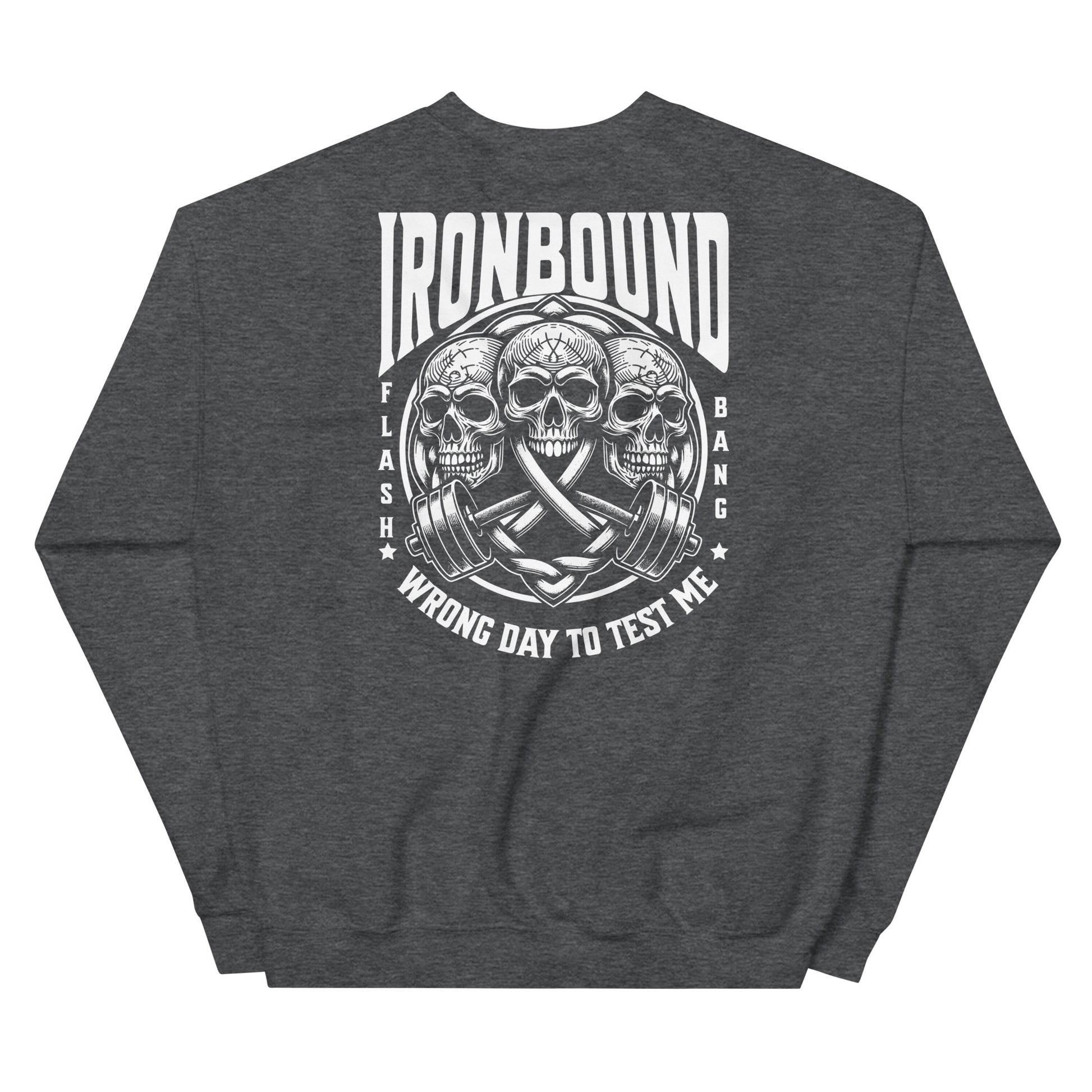 Dark gray sweatshirt with skull and barbell graphic and 'Ironbound' text on a white background
