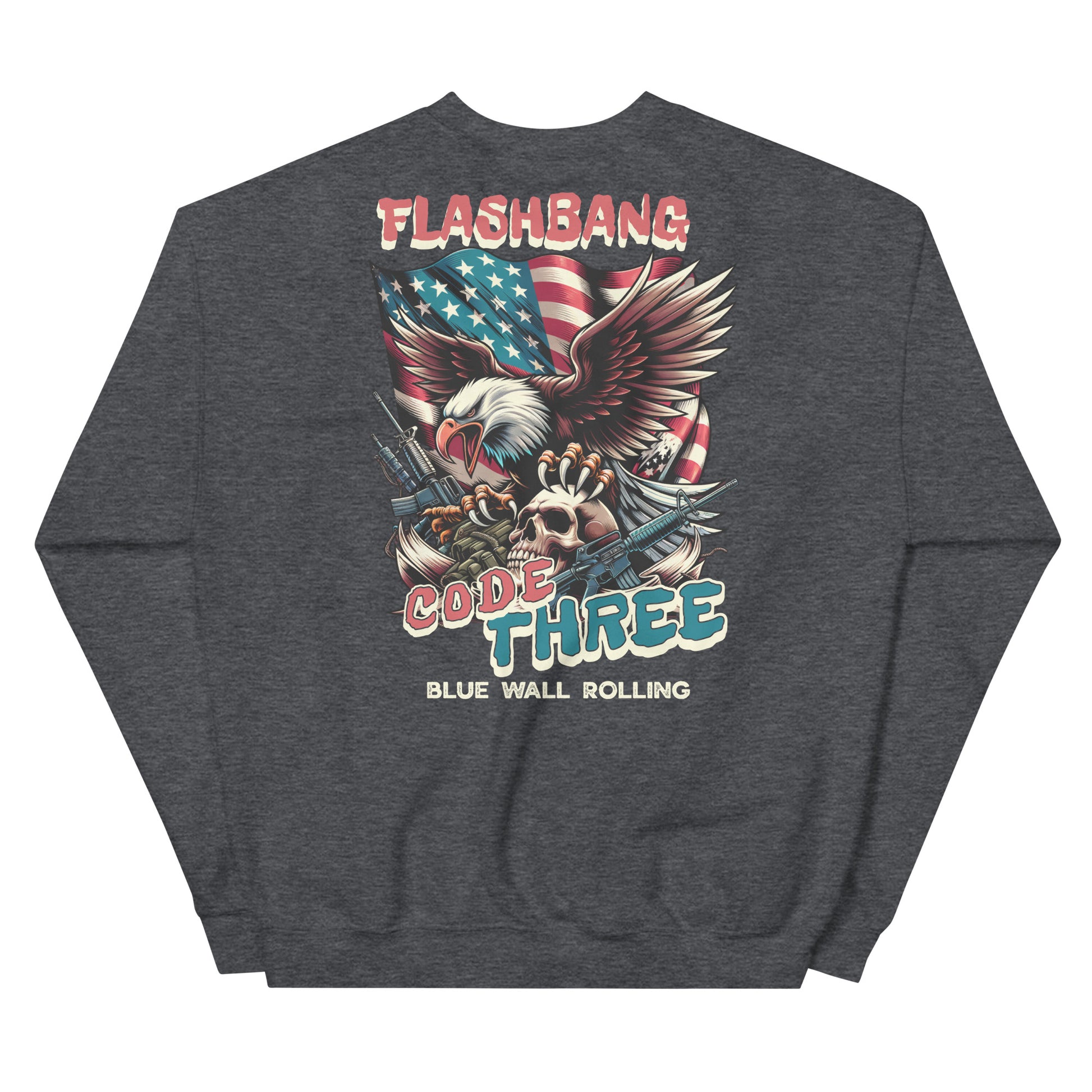 Dark gray sweatshirt with graphic design featuring an eagle, American flag, and text on a white background