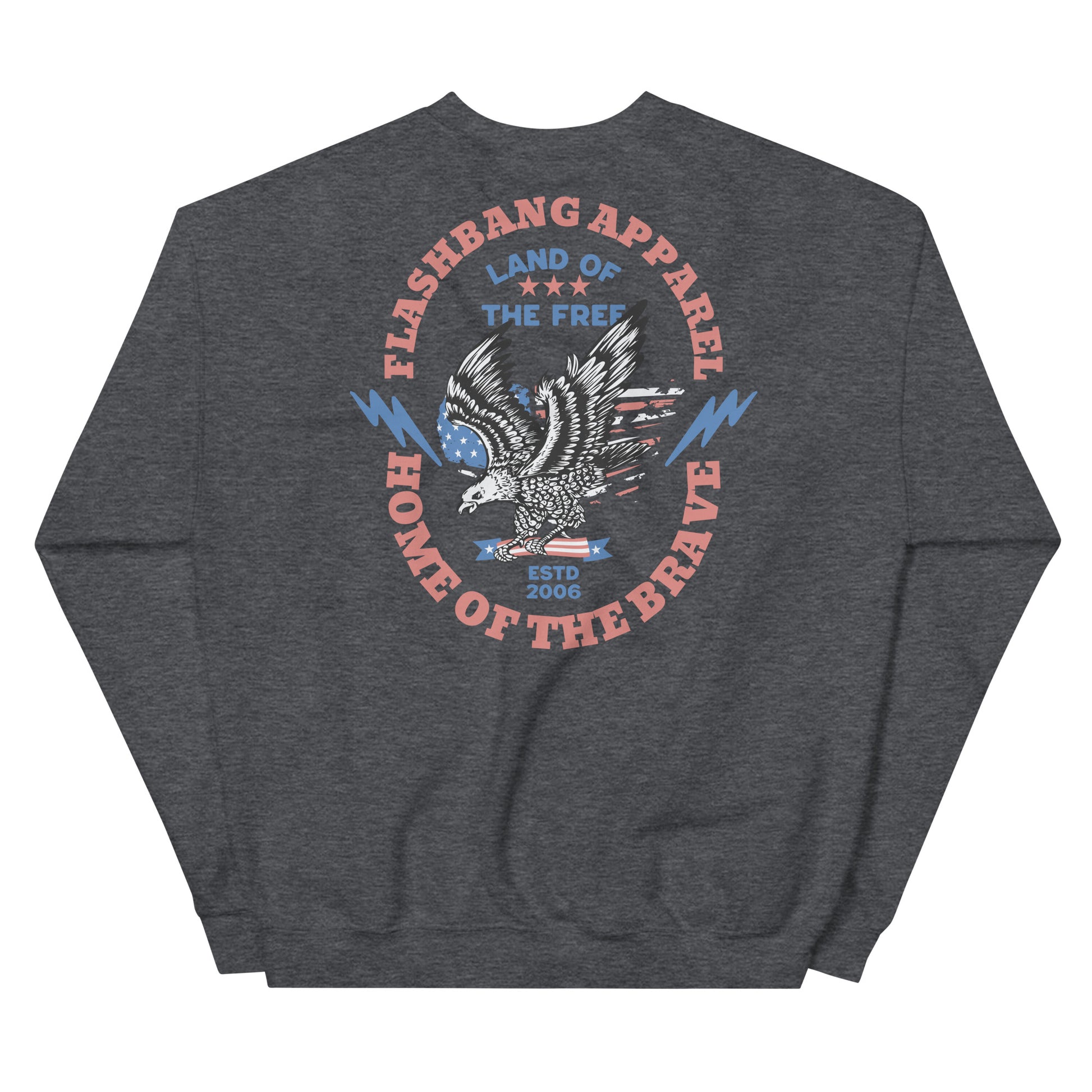 Gray sweatshirt with an eagle design and text on the back, on a white background