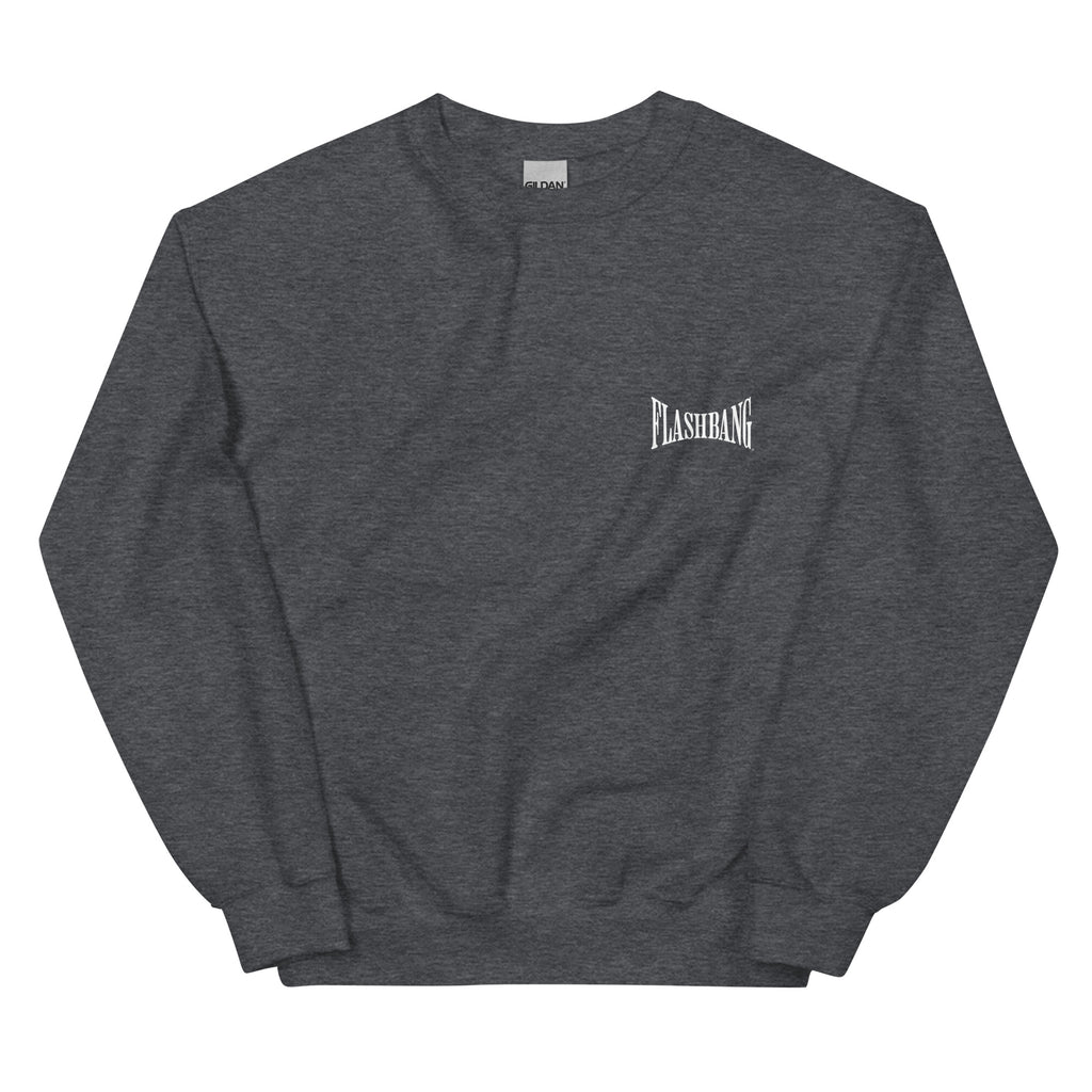 Dark gray sweatshirt with 'FLASHHANG' logo on a white background