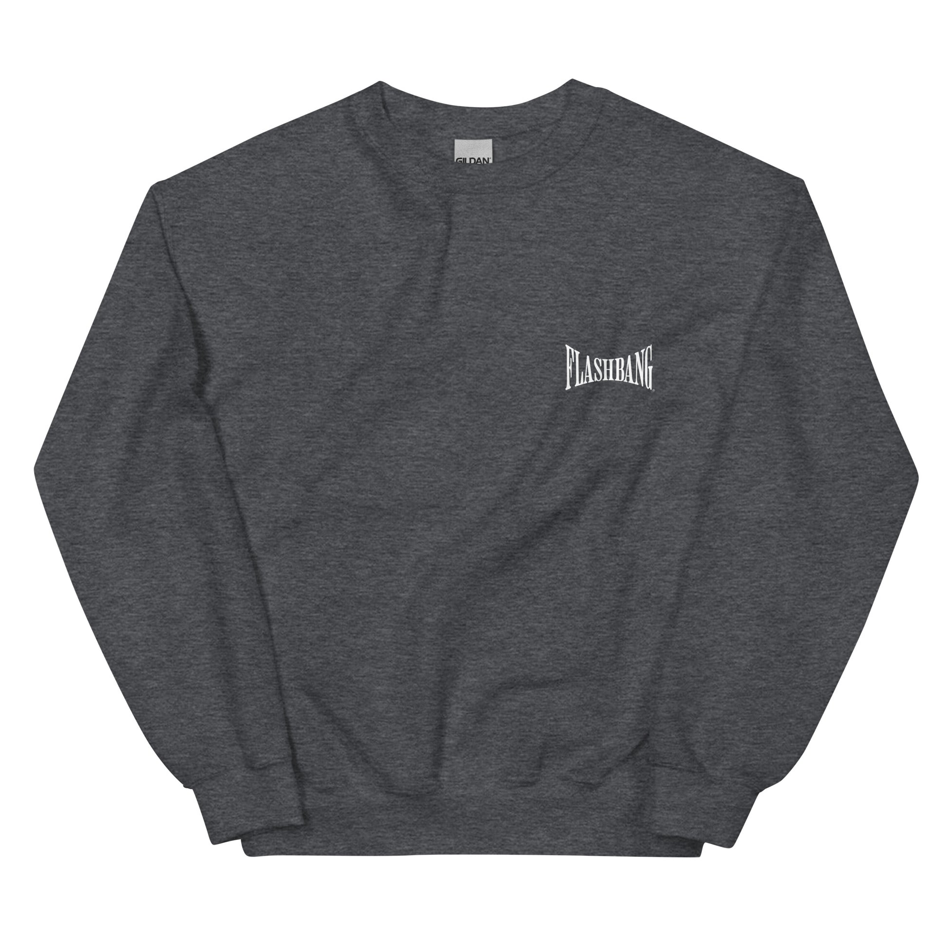 Dark gray sweatshirt with 'FLASHHANG' logo on a white background