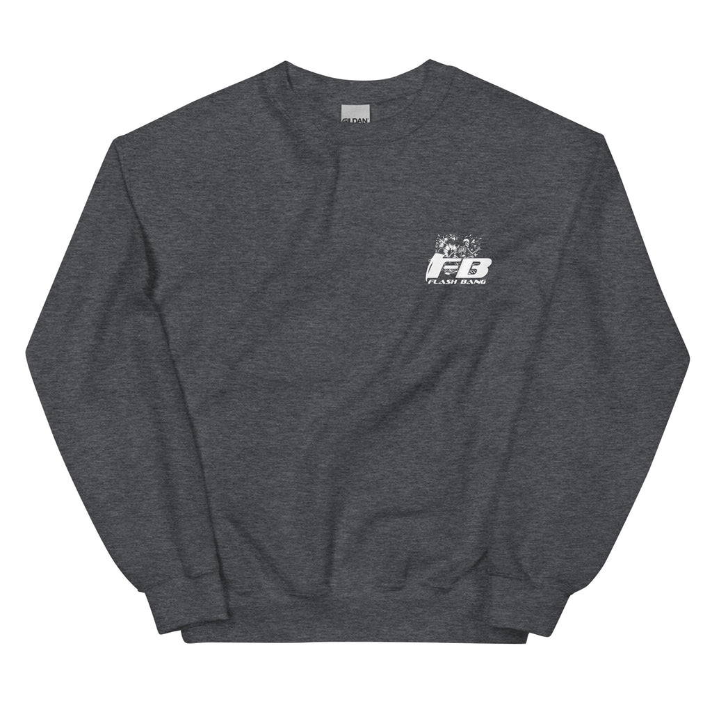 Dark gray sweatshirt with a logo on the chest against a white background
