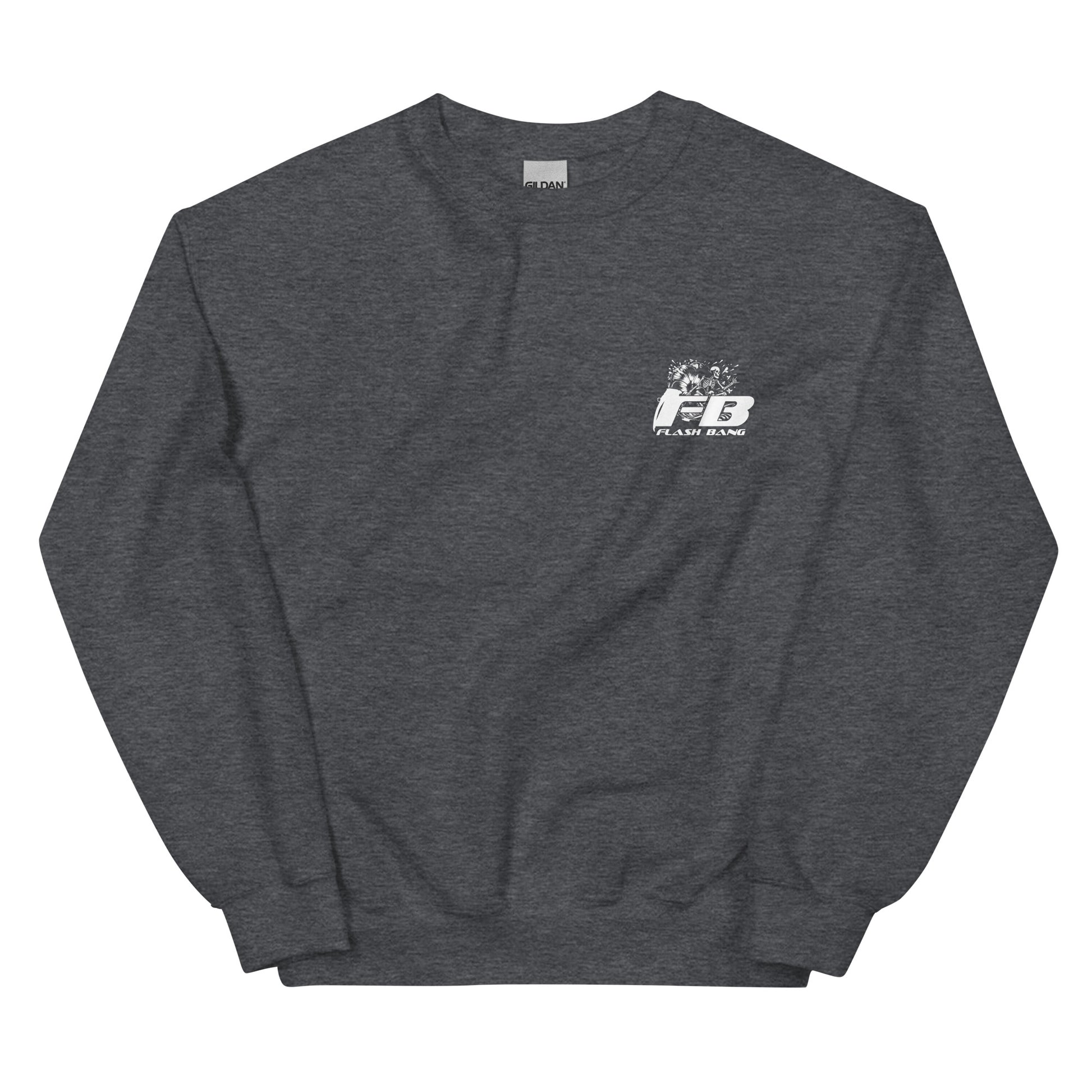 Dark gray sweatshirt with a logo on the chest against a white background