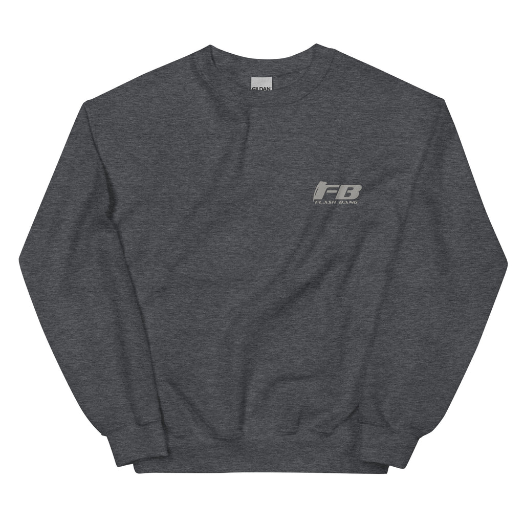 Dark gray sweatshirt with a logo on the chest against a white background