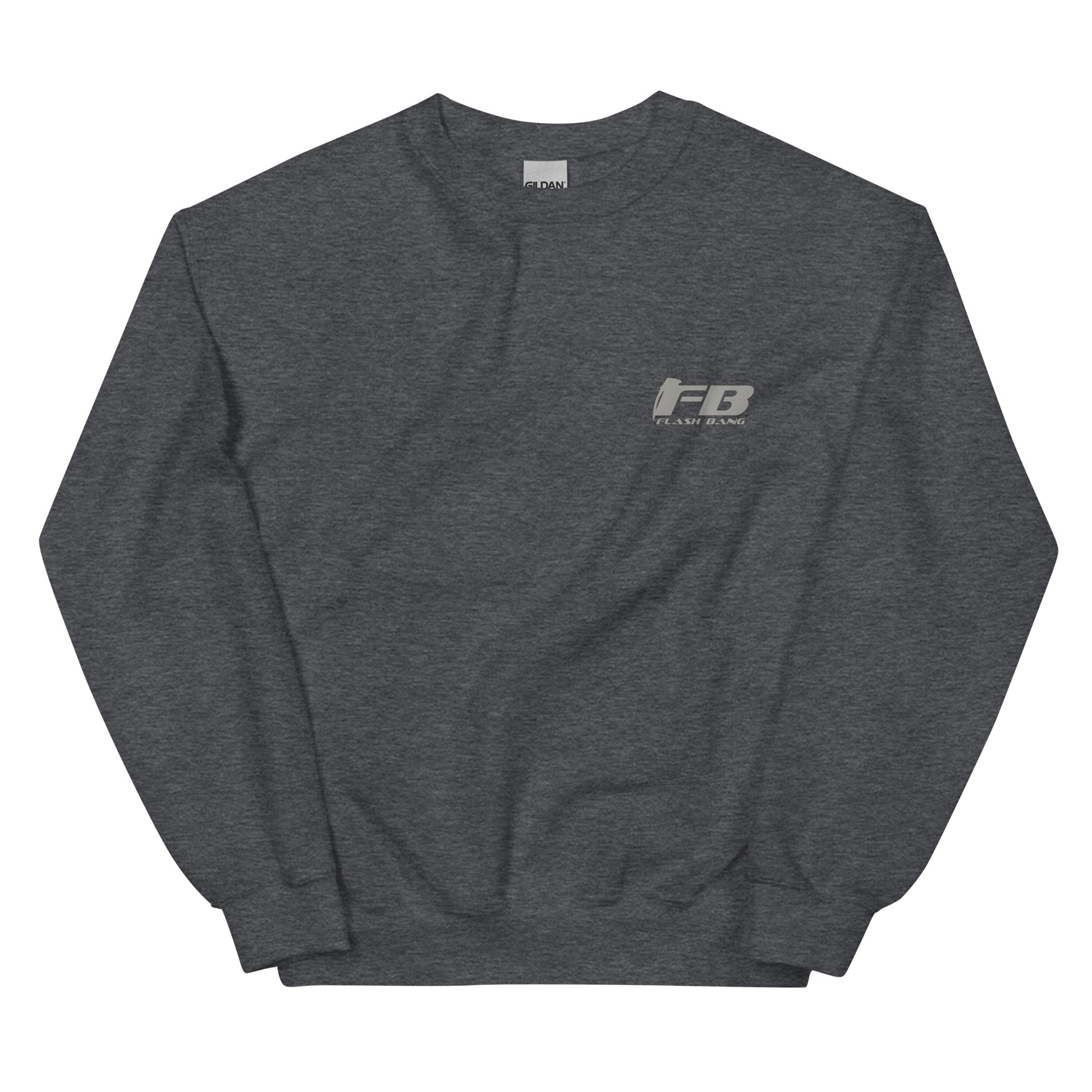 Dark gray sweatshirt with a logo on the chest against a white background