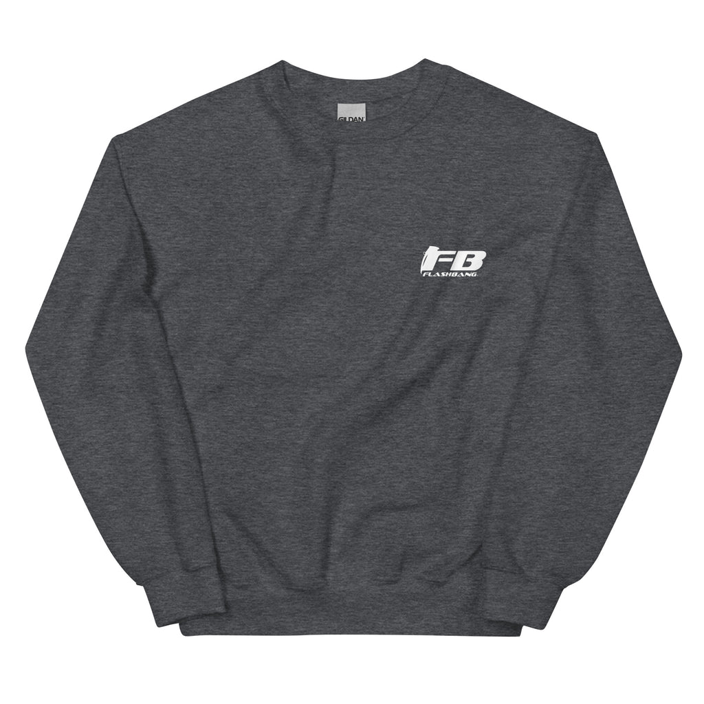 Dark gray sweatshirt with a logo on the chest against a white background