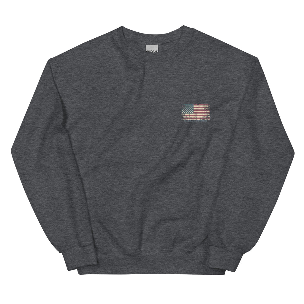 Dark gray sweatshirt with an American flag patch on a white background