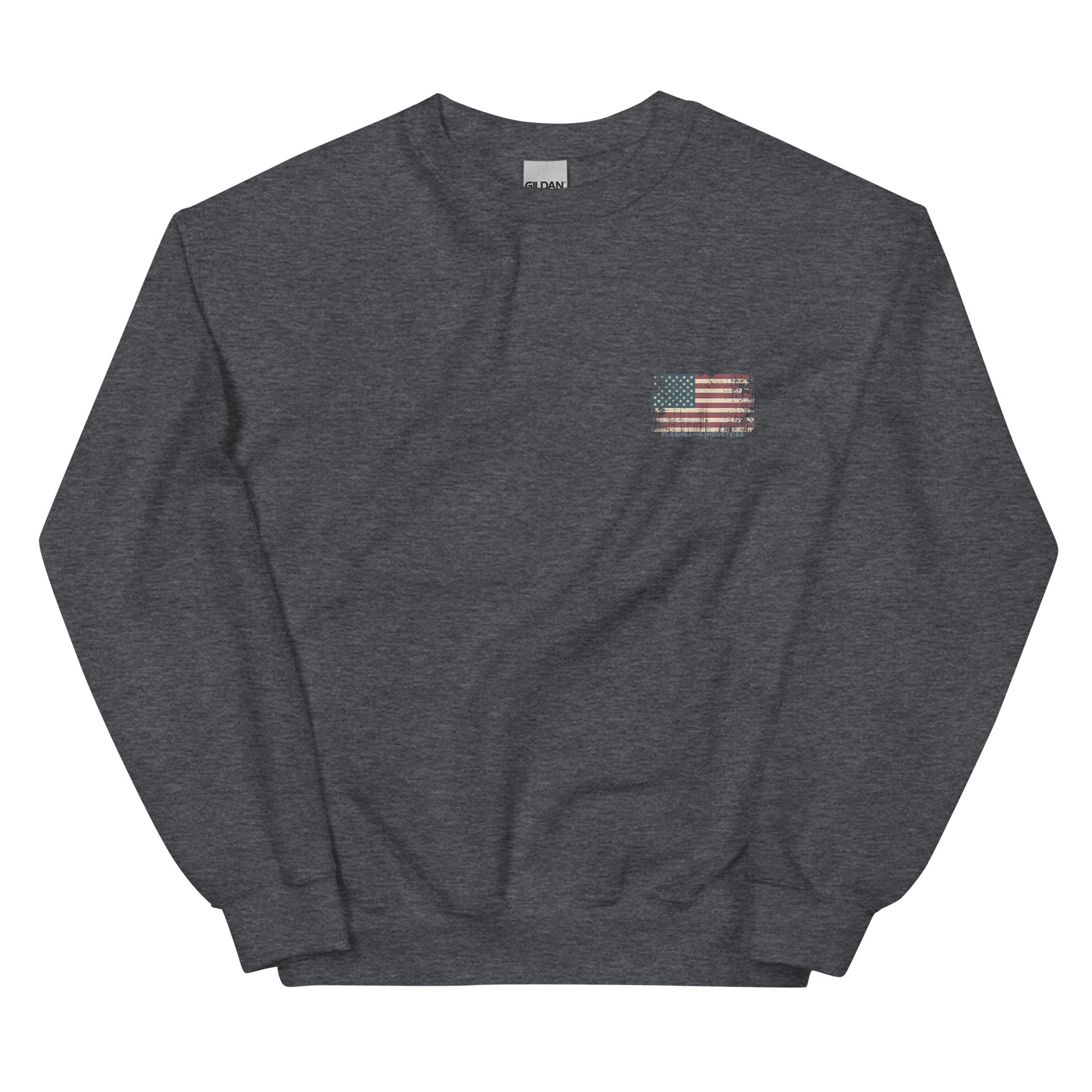 Dark gray sweatshirt with an American flag patch on a white background