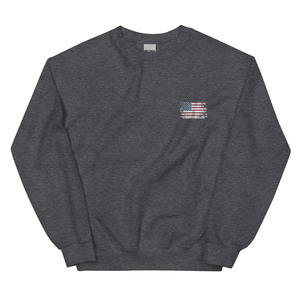 Dark gray sweatshirt with a small American flag patch on a white background