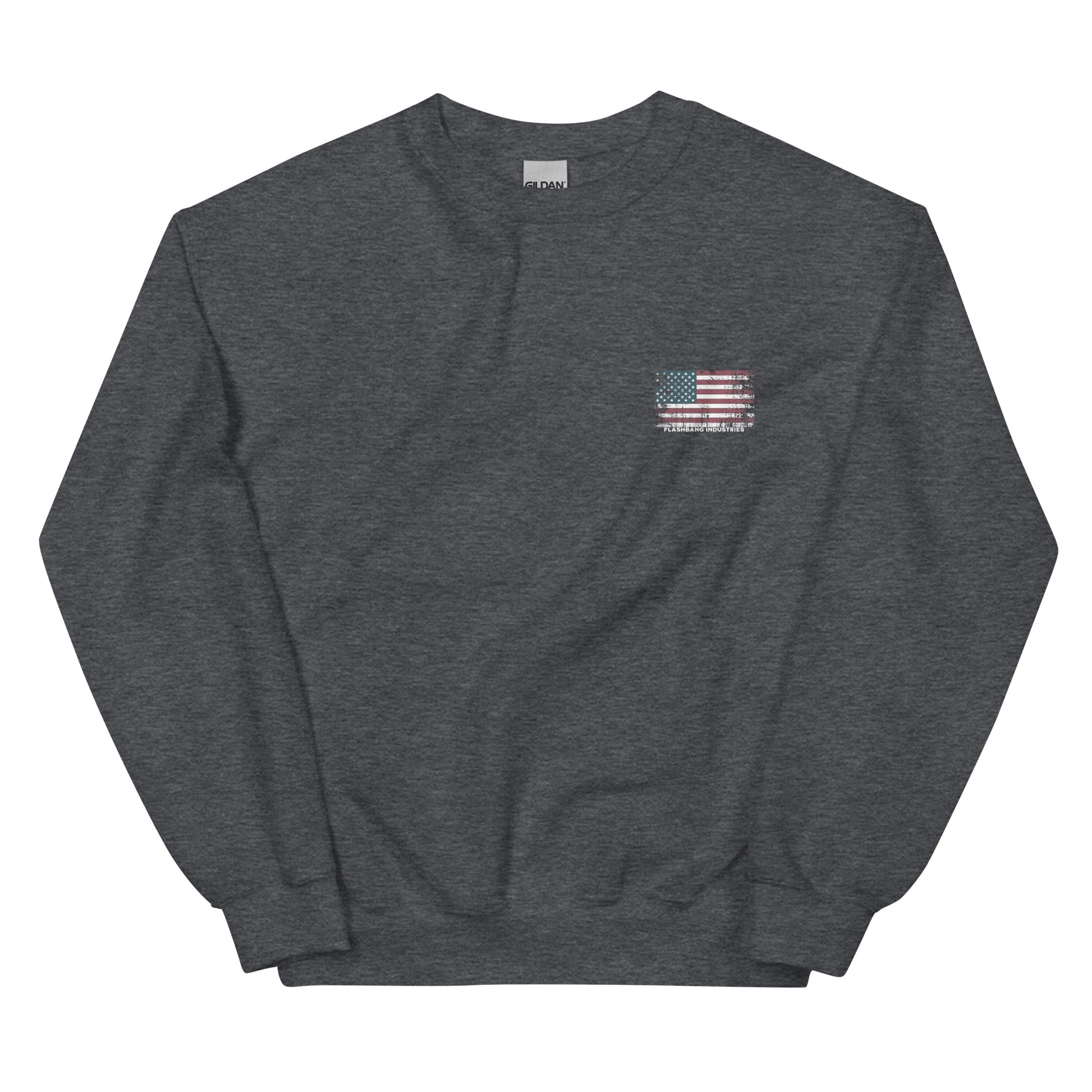 Dark gray sweatshirt with a small American flag patch on a white background