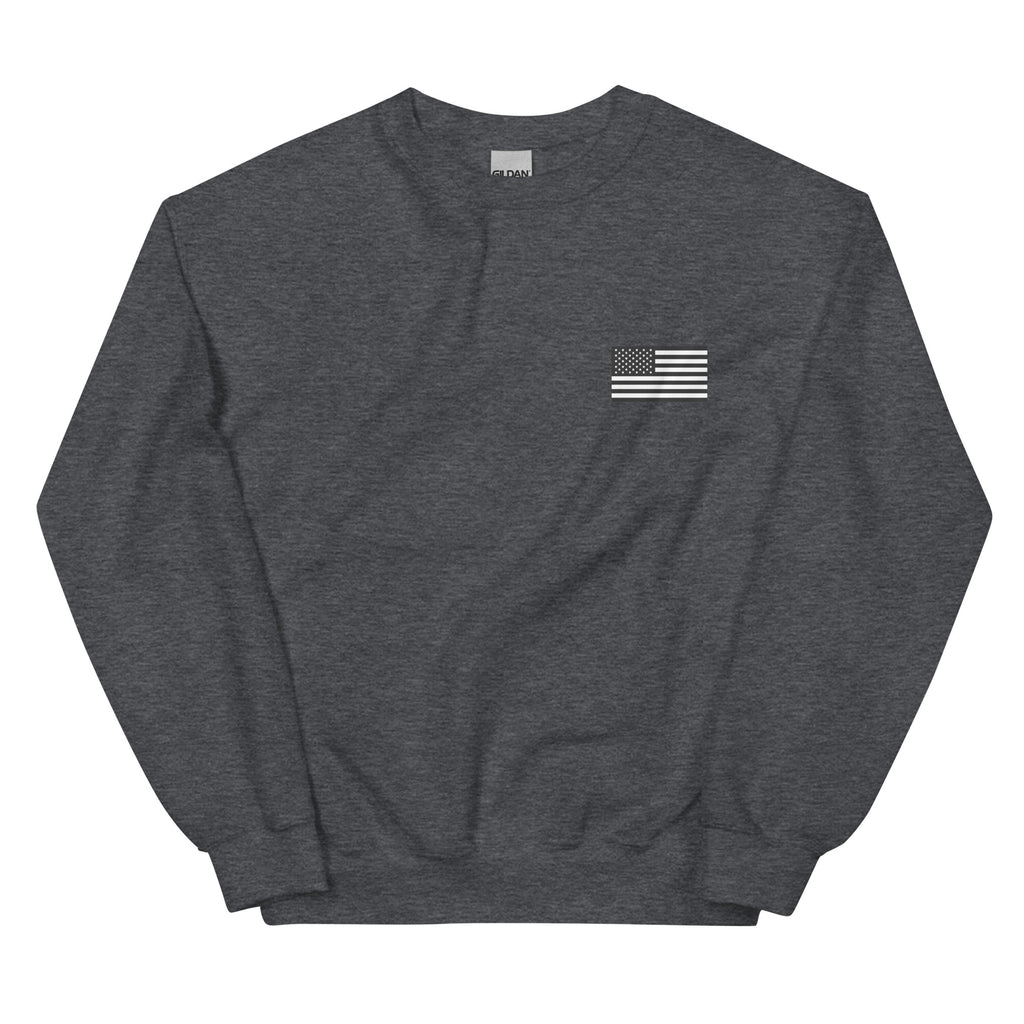 Dark gray sweatshirt with a small American flag patch on a white background