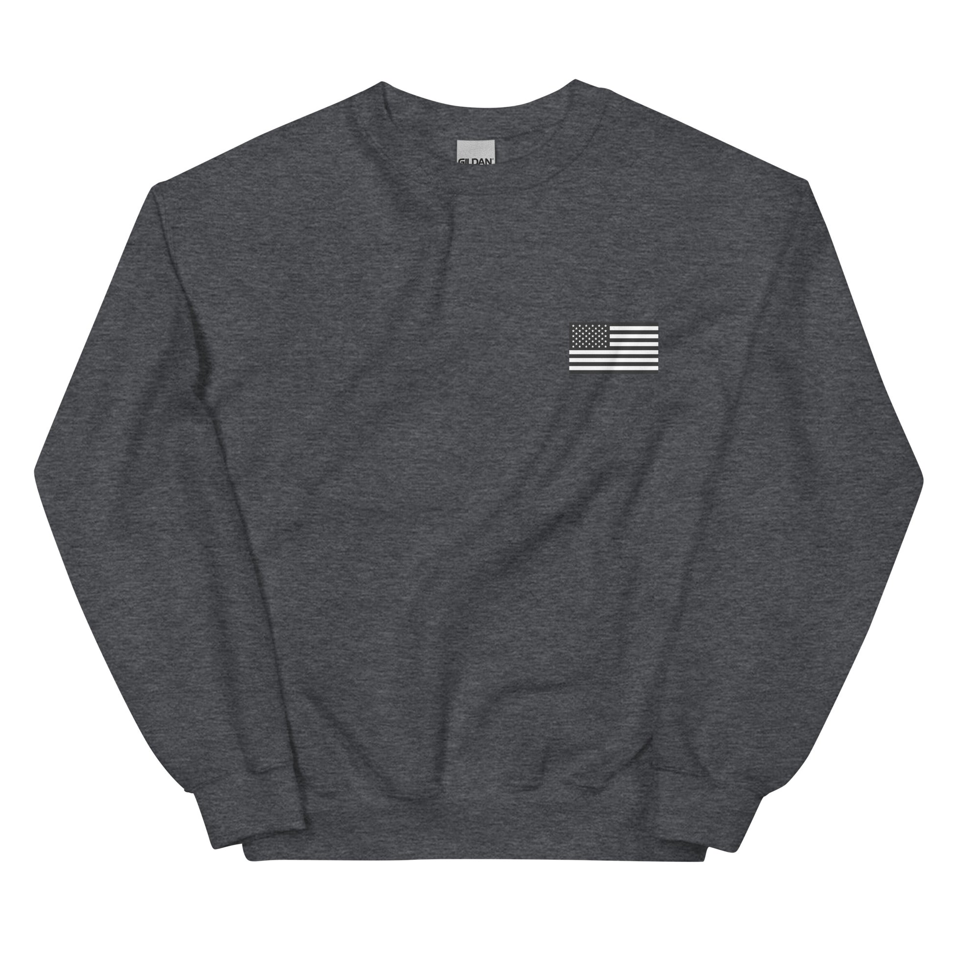 Dark gray sweatshirt with a small American flag patch on a white background
