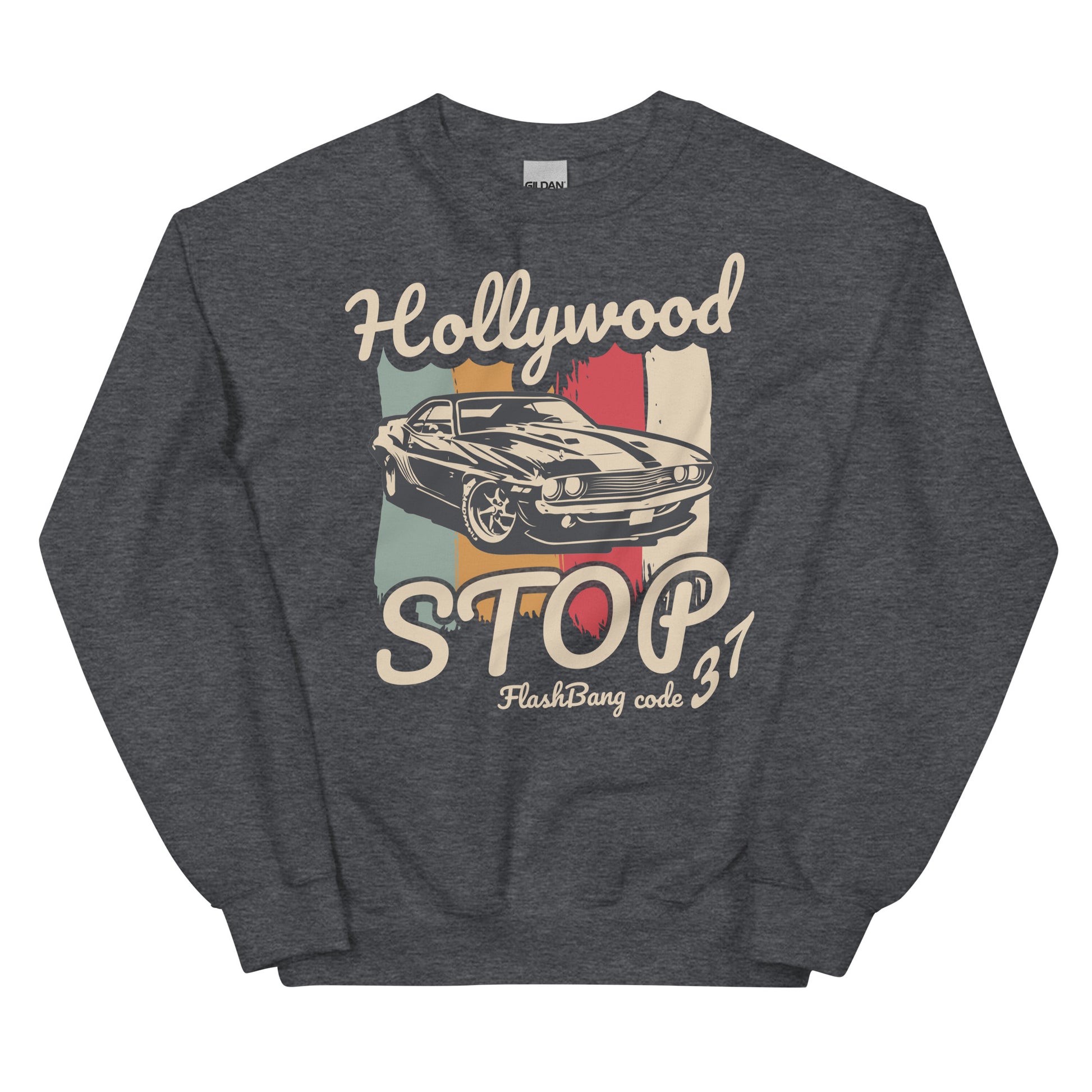 Dark gray sweatshirt with a graphic of a car and text on a white background