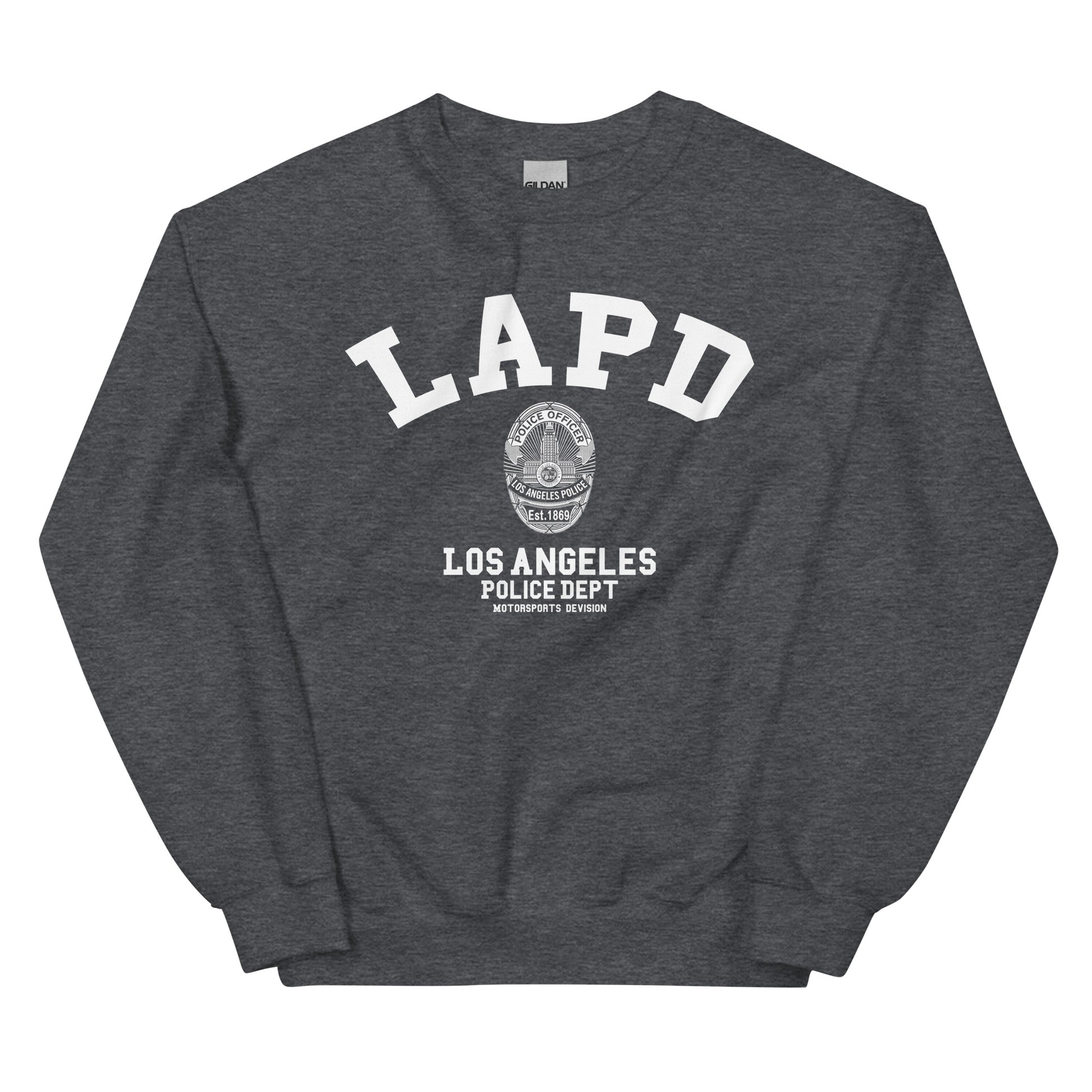 Dark gray sweatshirt with LAPD Los Angeles Police Dept logo on a white background