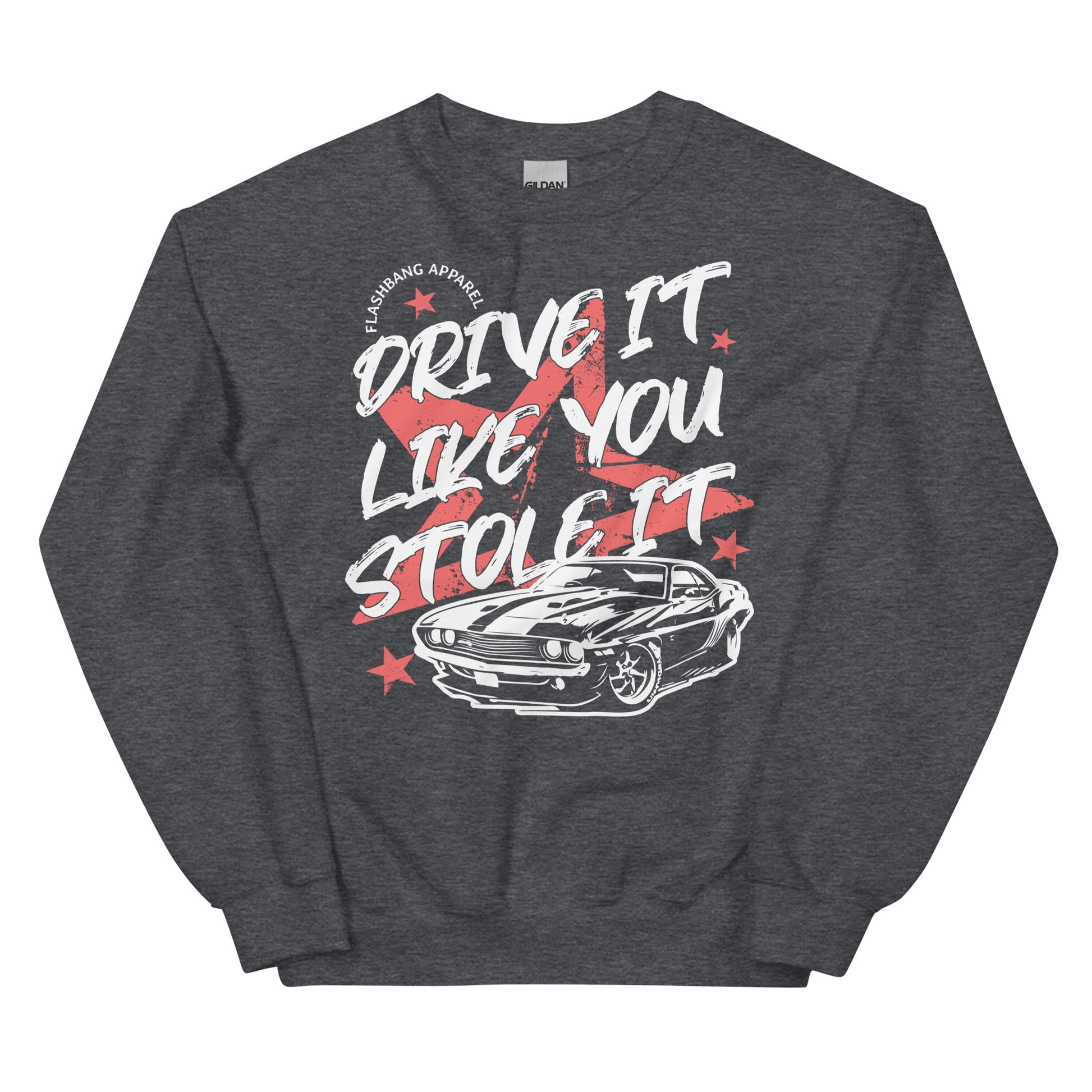 Dark gray sweatshirt with graphic design and text on a white background