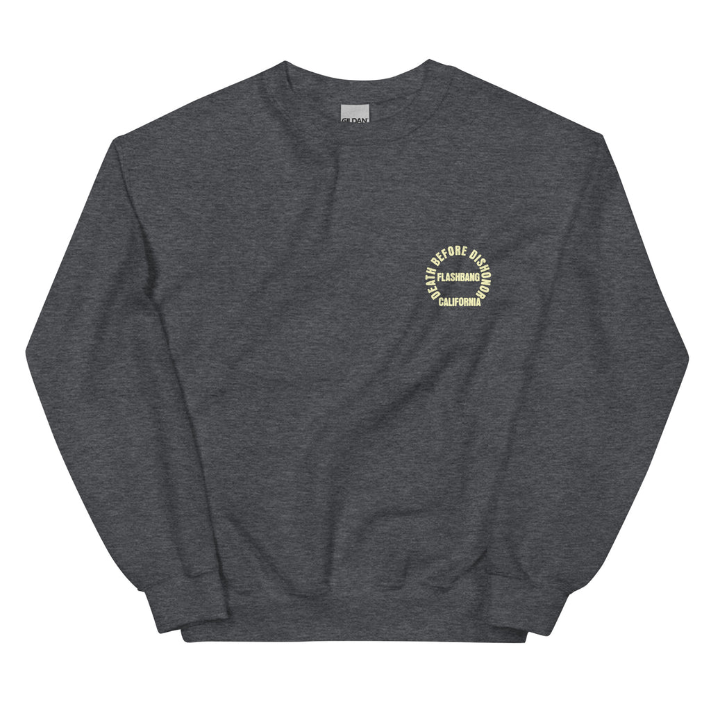 Dark gray sweatshirt with a yellow logo on a white background