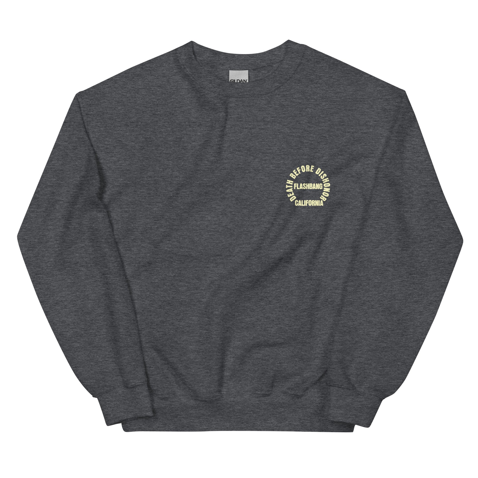 Dark gray sweatshirt with a yellow logo on a white background