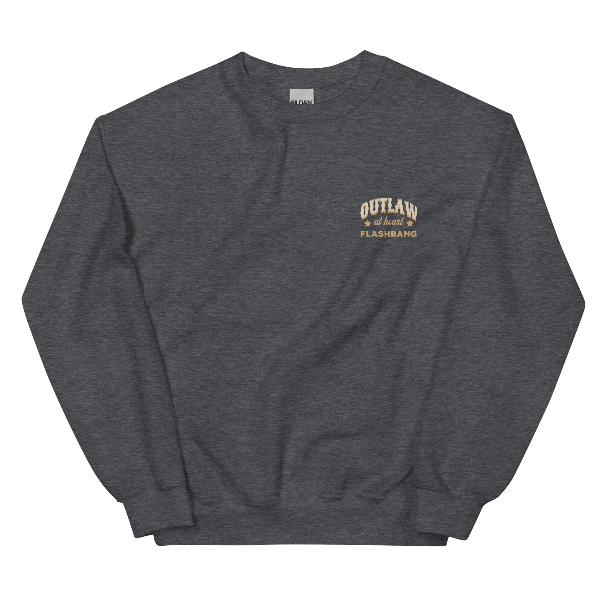 Dark gray sweatshirt with 'Outlaw at heart' text on a white background
